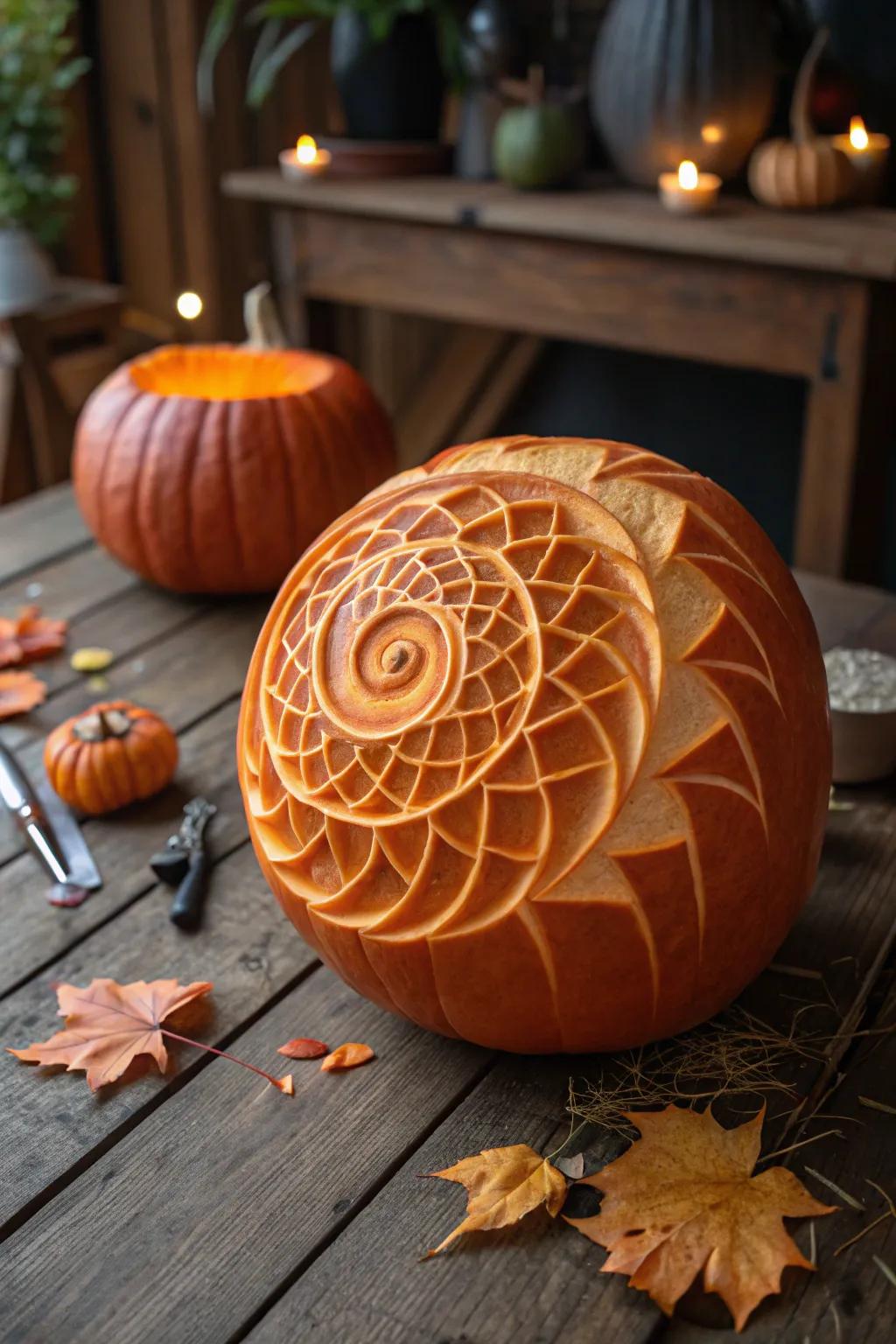 Embrace the artistry of playful compositions through this spiral-sculpted pumpkin paragon.
