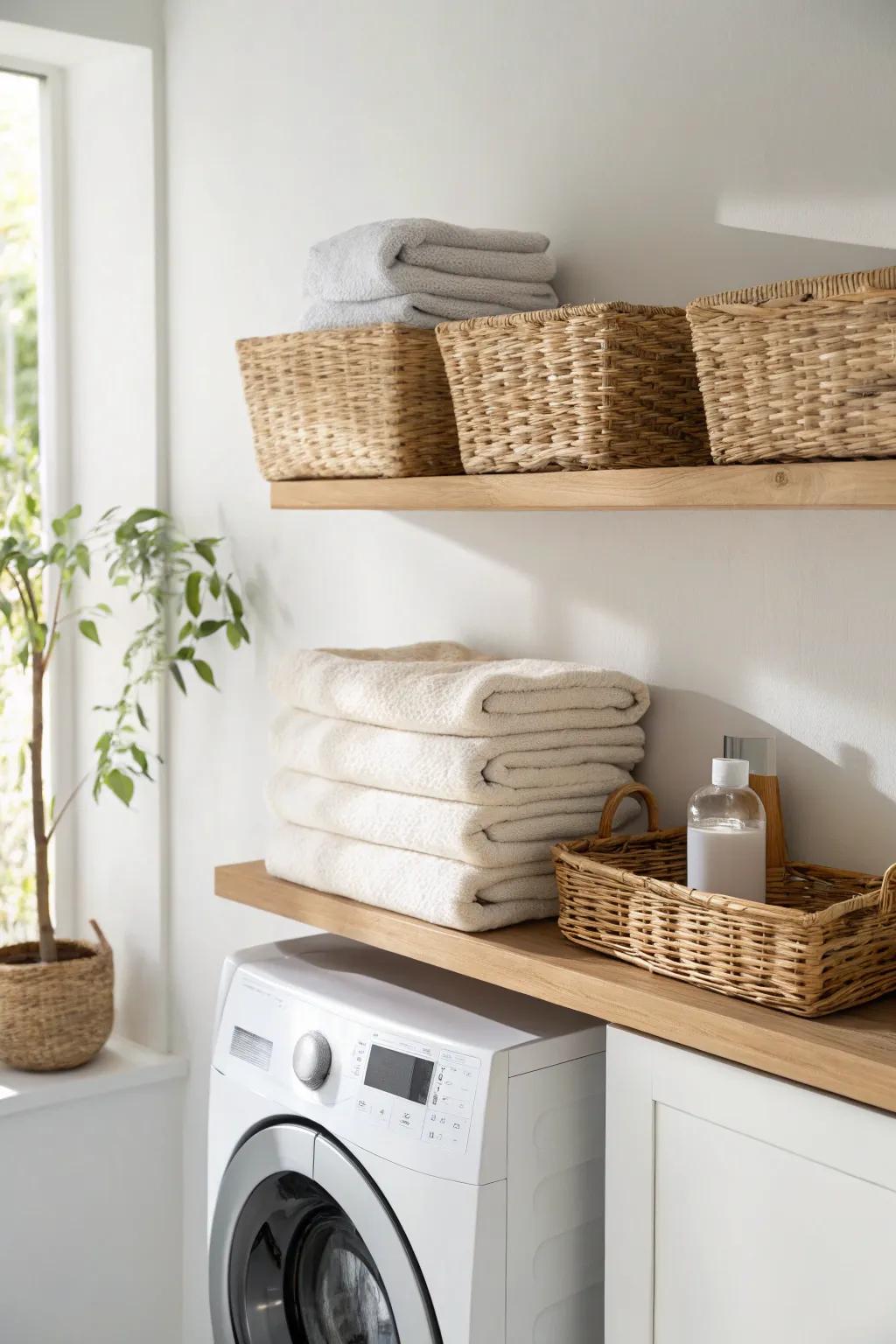 Elevate your laundry expanse via minimalist aerial racks, thus imparting a whisper of elegance and efficacy.