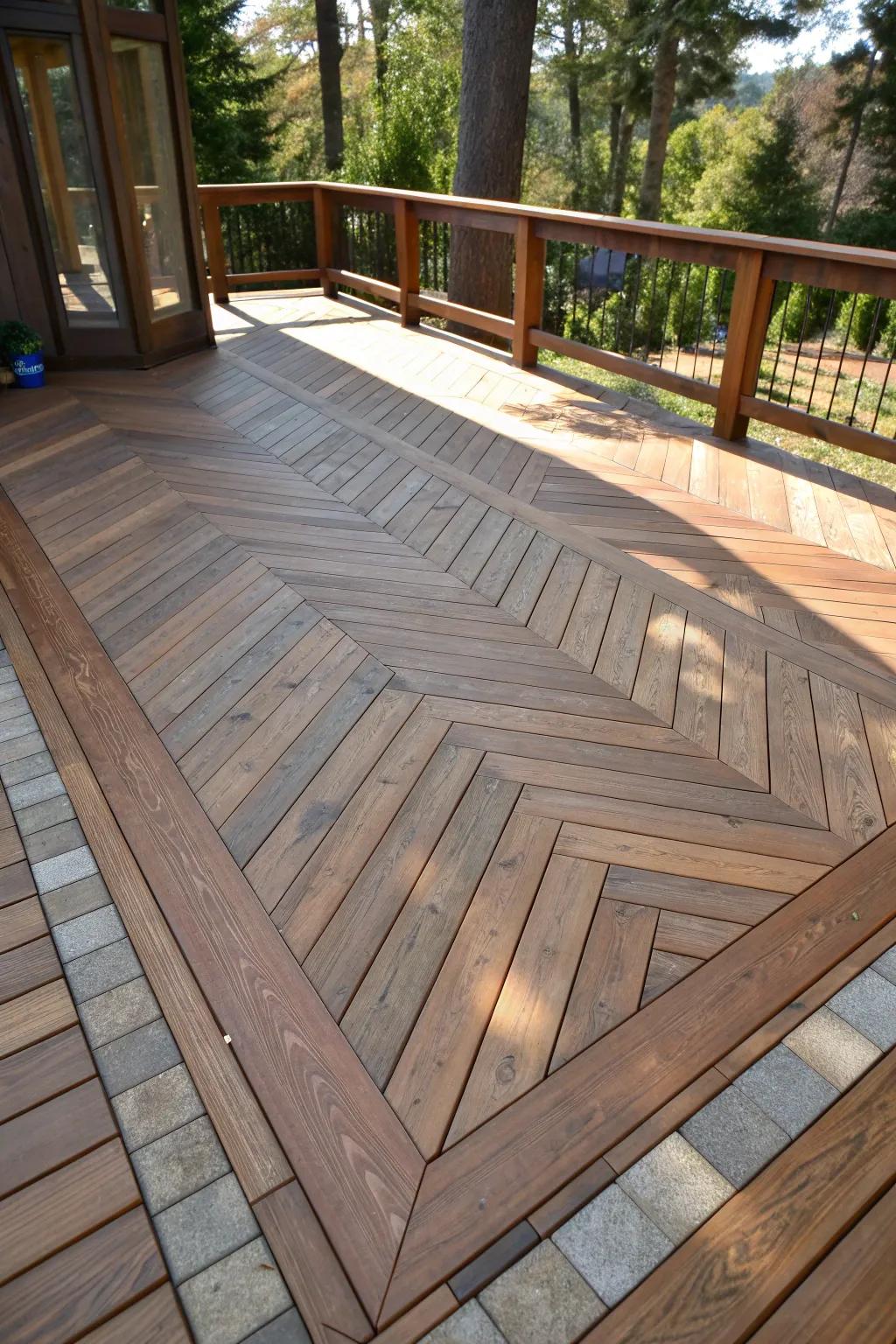 Elevate your exterior zone with the class of a herringbone deck layout.