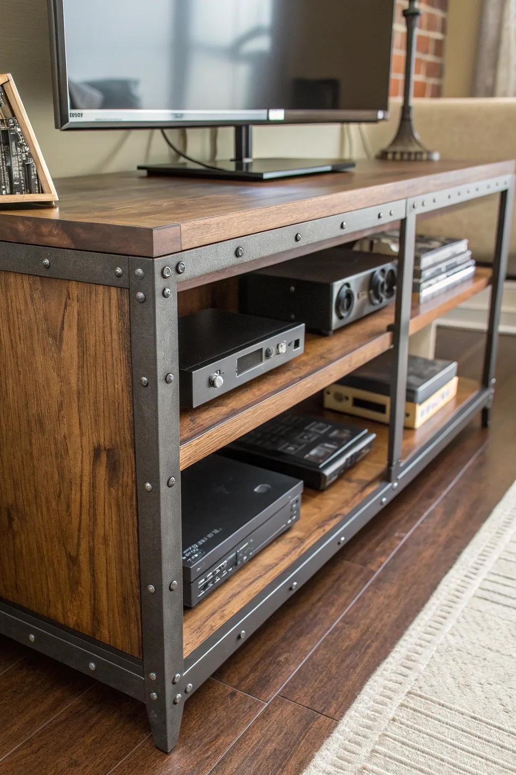 Enhance your living space with a handmade industrial media console, where craftsmanship meets modern functionality.