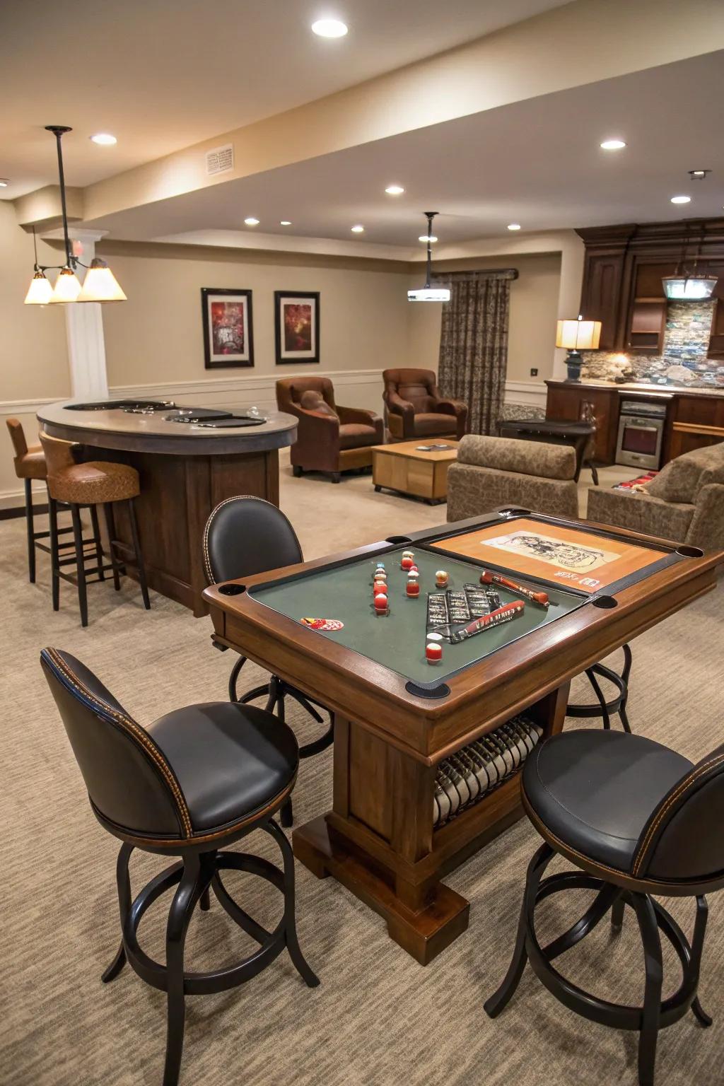 Versatile bar furnishings are ideal for flexible and space-saving game room design.