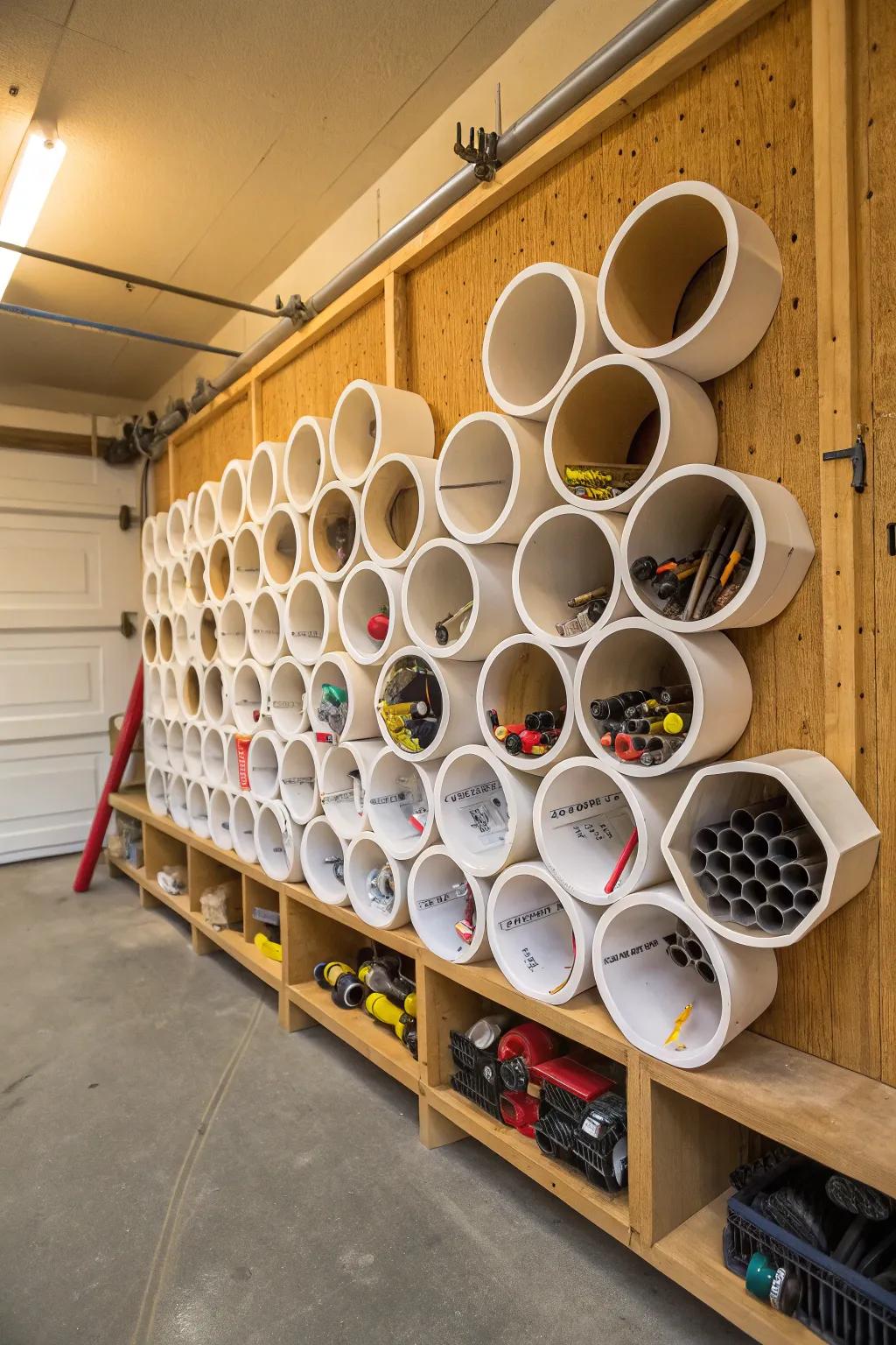 Transform your garage with this creative polyvinyl chloride conduit storage solution – where craftsmanship meets exceptional organization.