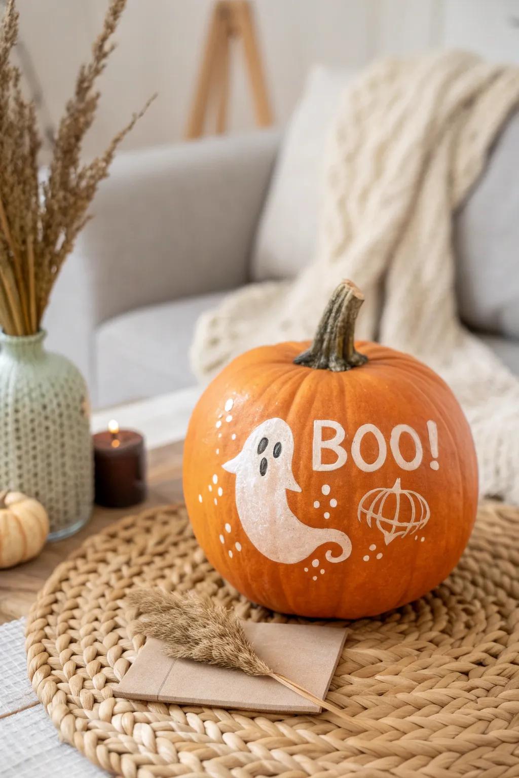 Welcome your guests with a charming 'Boo!' from this elegantly carved soul gourd, melding Scandinavian minimalism with a hint of Bohemian allure.