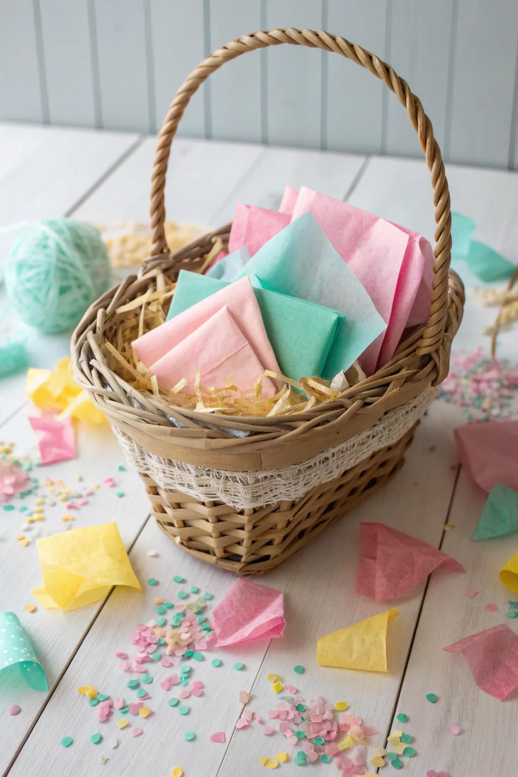 Add a sprinkle of joy with colorful paper cascade in your gift basket!