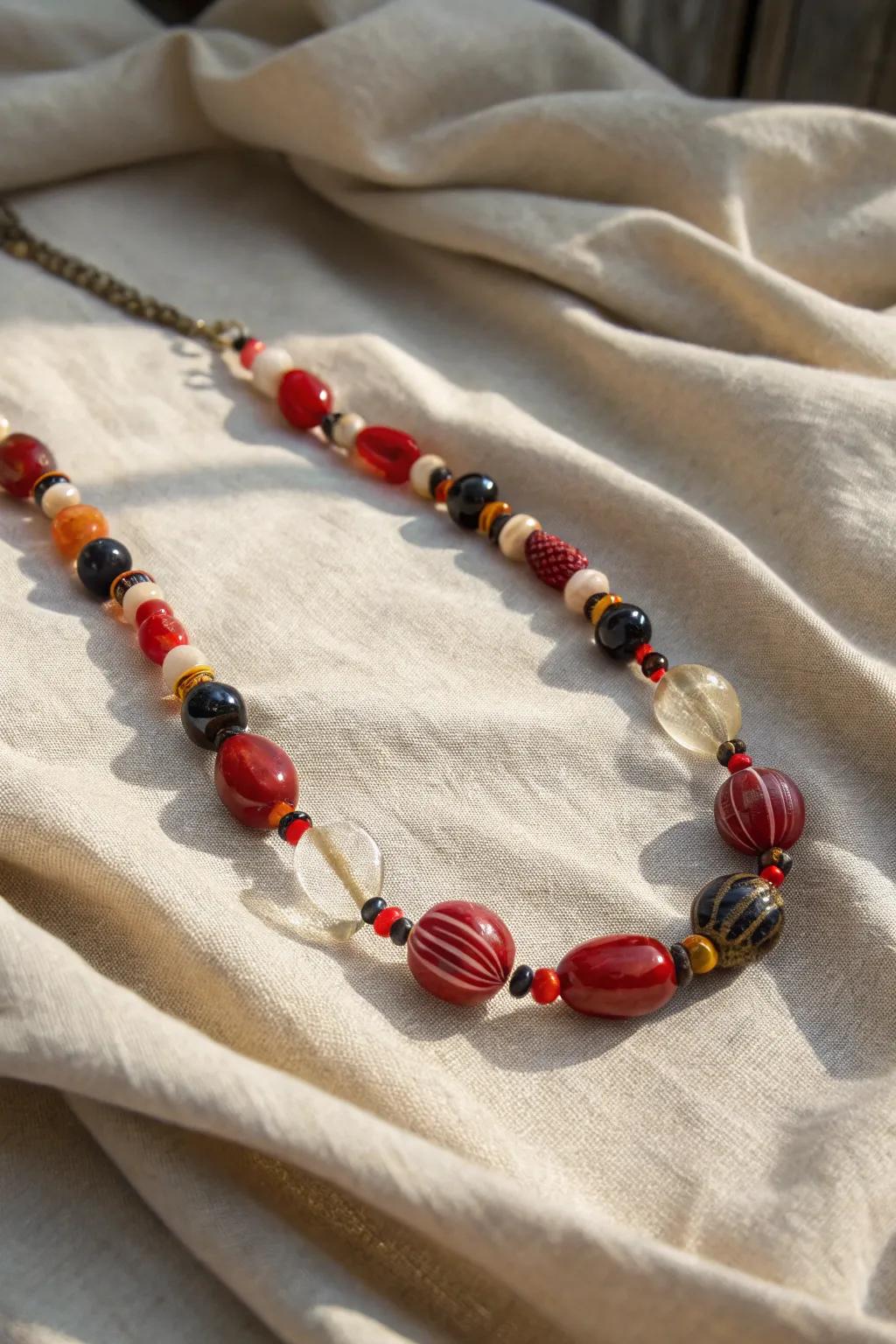 Embrace the unexpected featuring this asymmetrical glass beaded necklace, a best blend of bold colors plus minimalist appeal.