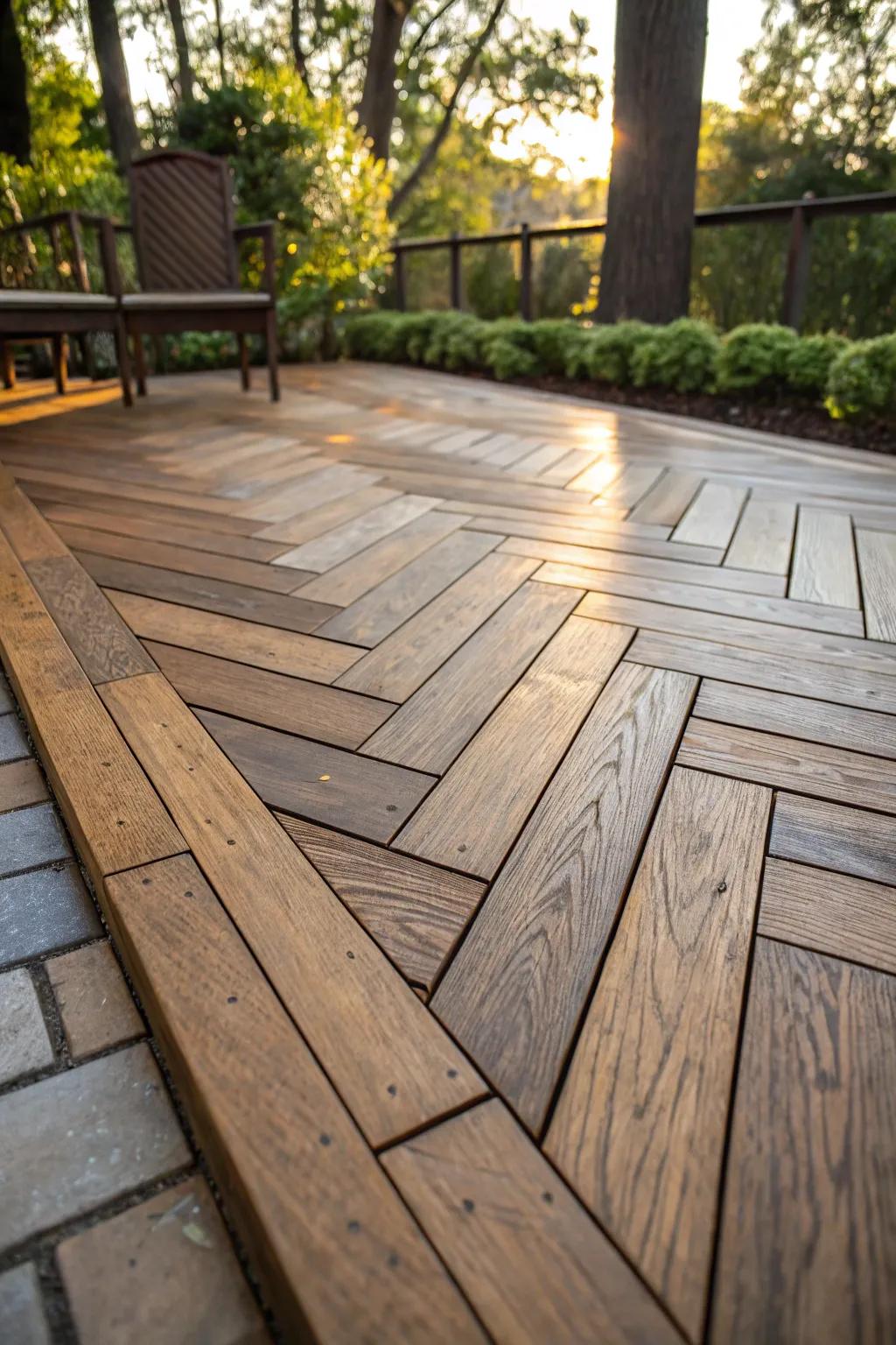 Elevate Your Outdoor Area Through the Timeless Sophistication of a Herringbone Deck Design.