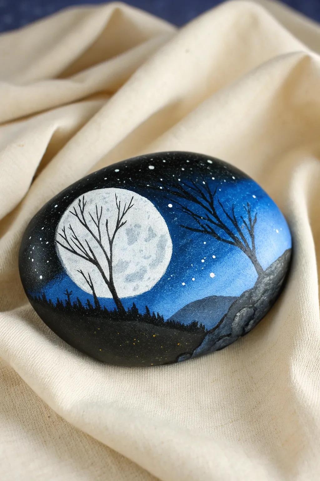 Capture the serene loveliness of a moonlit night using this elegantly painted stone, ideally suited for incorporating a dash of minimalist magic to your space.