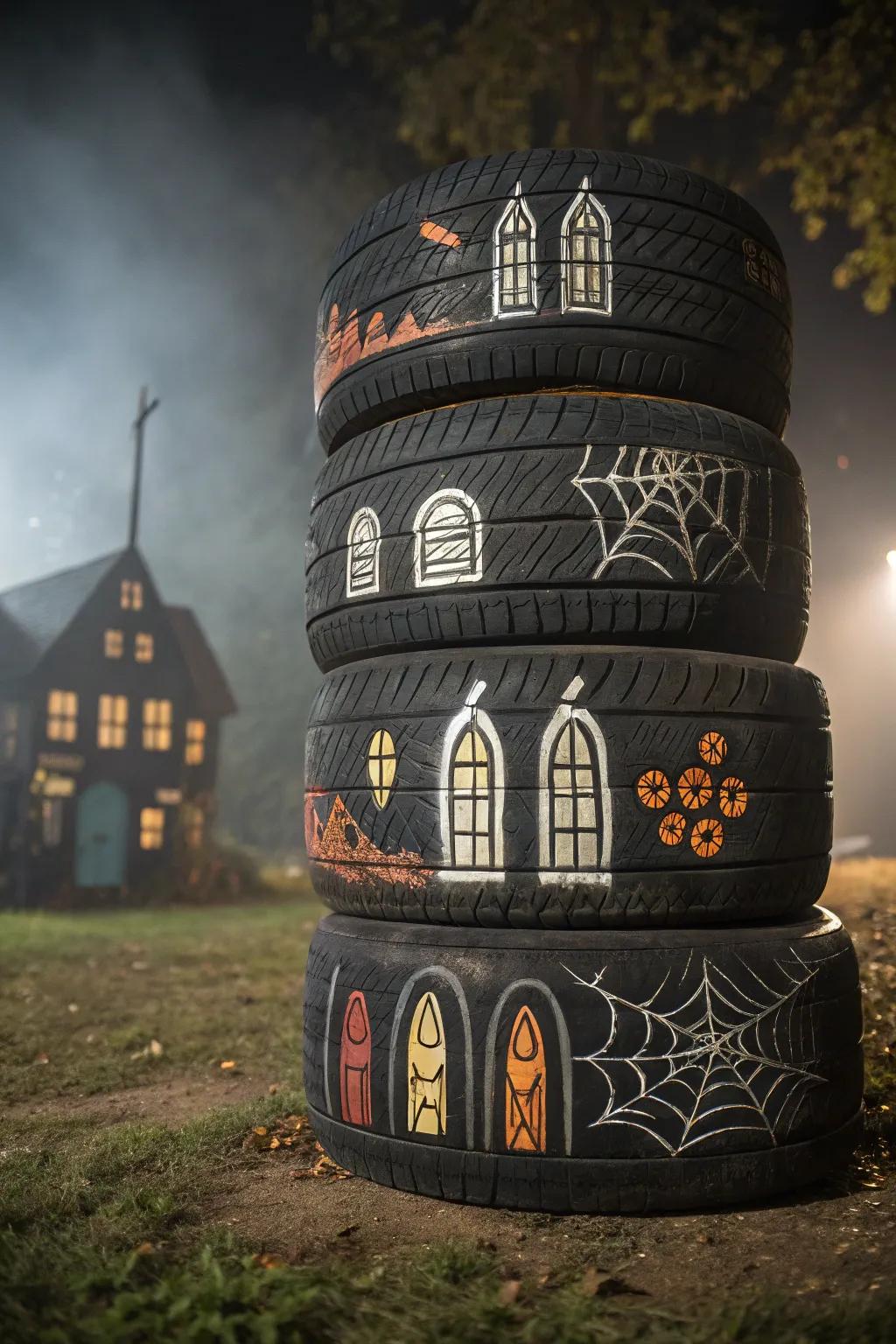 Transform old tires into a haunting masterpiece for Halloween using this spooky estate idea!