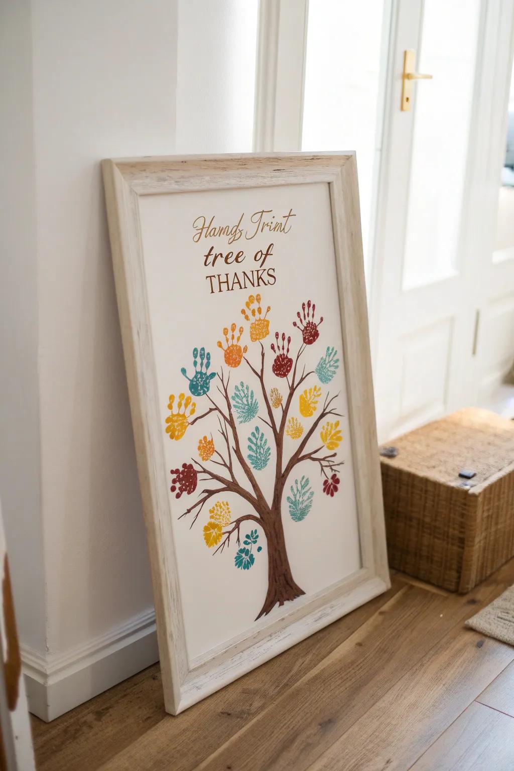 Celebrate gratitude with a handprint wood of thanks, harmonizing minimalist design with bohemian charm.