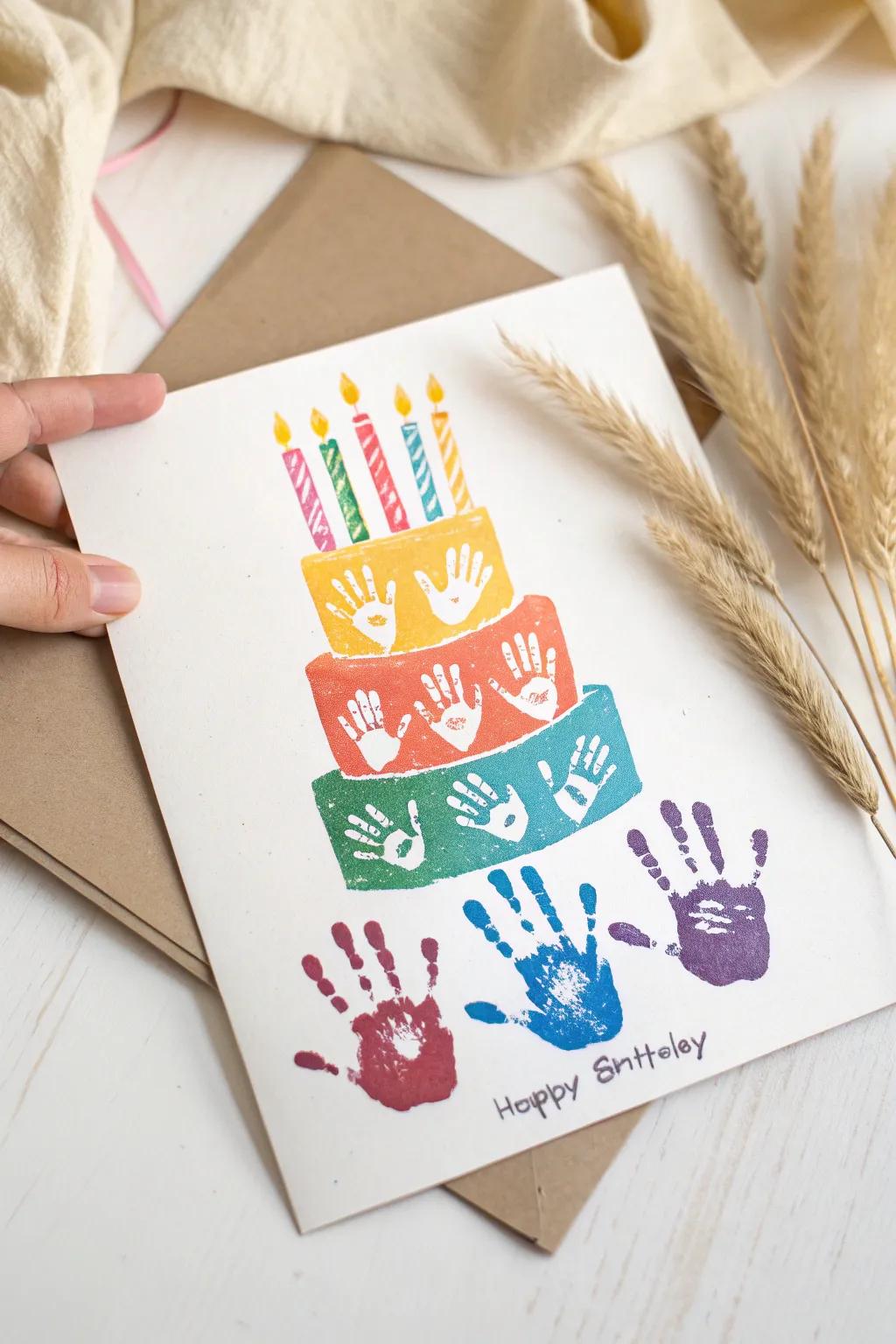 Celebrate in style with a unique handprint birthday dessert card, where art meets celebration!