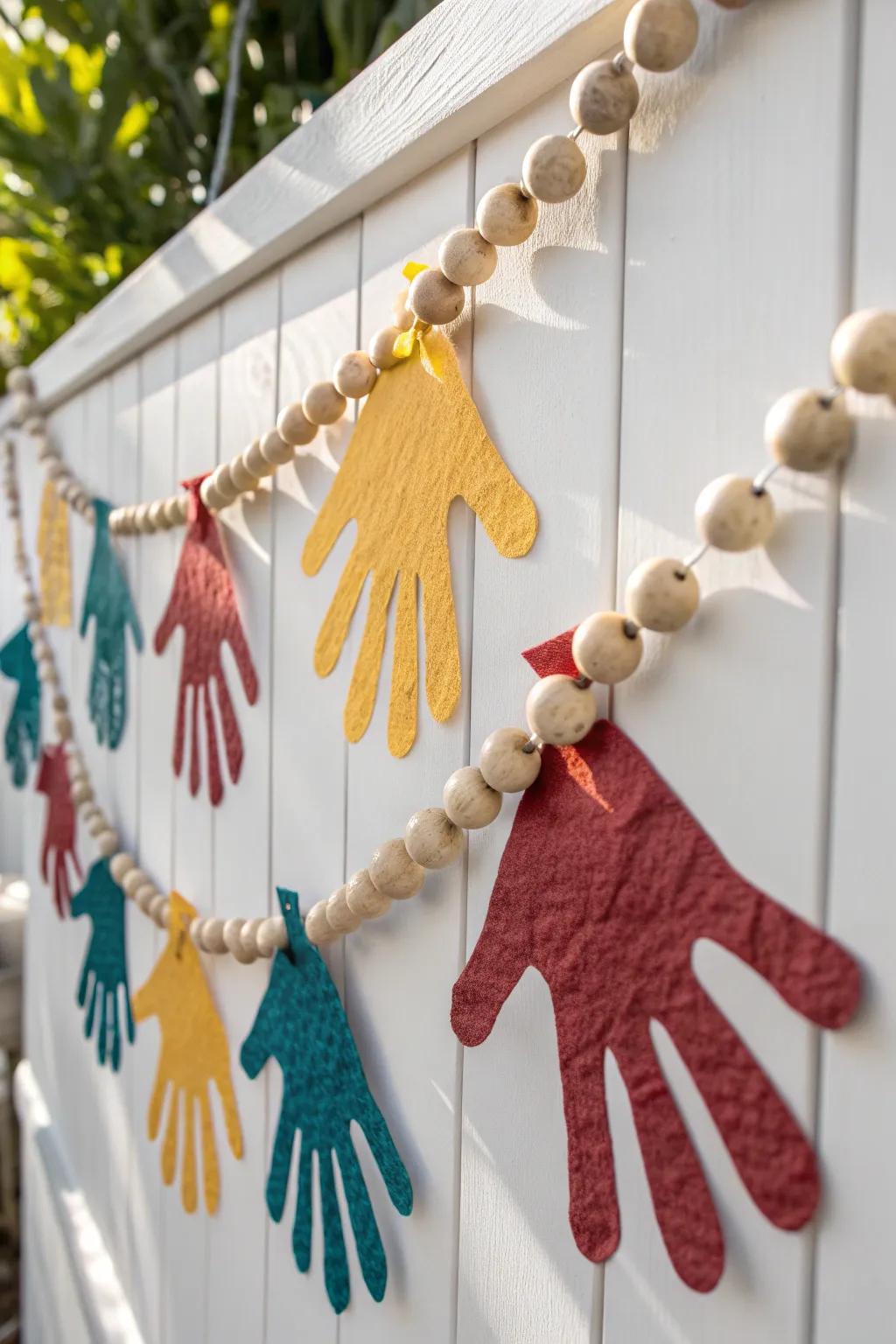Append a celebratory trace to your space with a vibrant handprint garland, celebrating the art of simplicity and natural beauty.
