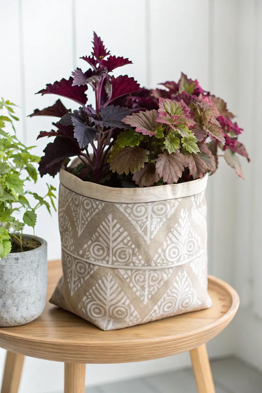 Enhance your space with a seamless blend of Scandinavian simplicity and Boho allure, showcasing versatile fabric planting sacks for your cherished Heuchera plants.