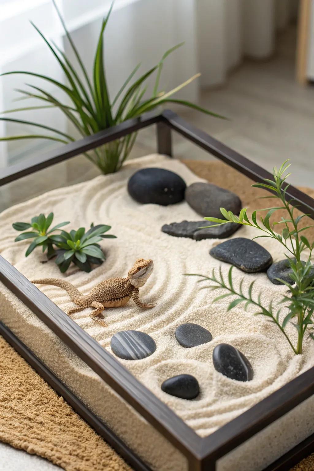 Fashion tranquility within your bearded dragon's dwelling via a serene Zen garden accent. Ideal for aficionados of Scandinavian simplicity through a Boho touch!