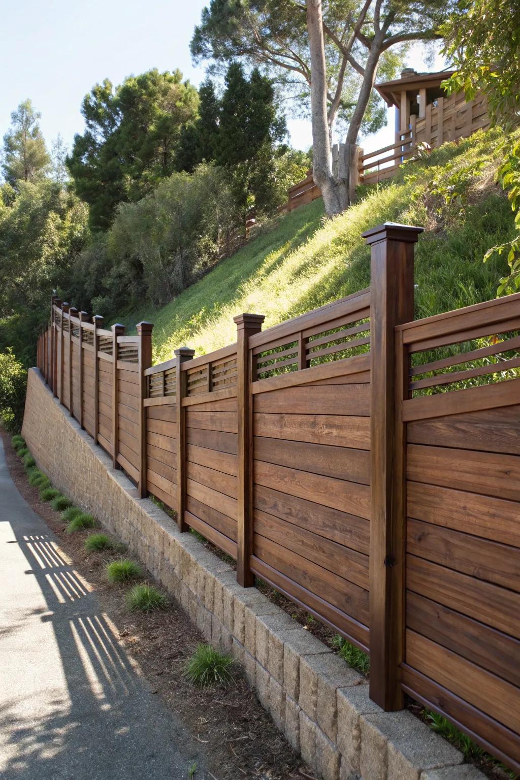 Enhance your landscape with a horizontal fence design that embraces the slope and celebrates craftsmanship.