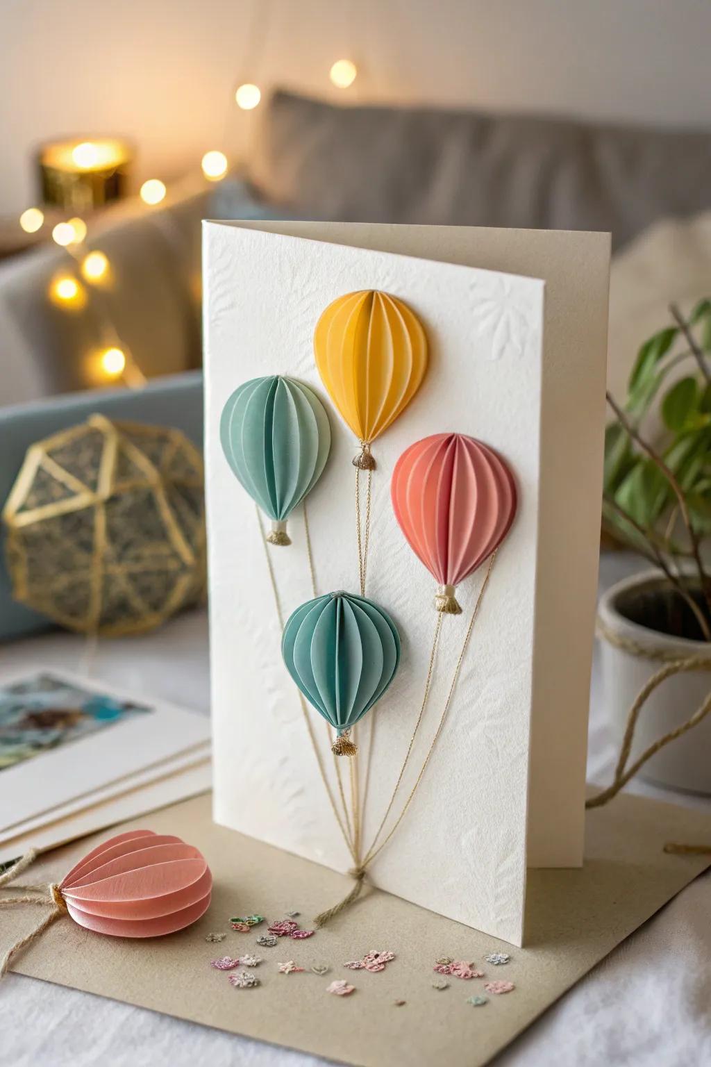 Elevate your celebrations with a stunning hot air balloon garland card that’s infused with bohemian charm and elegant whimsy.