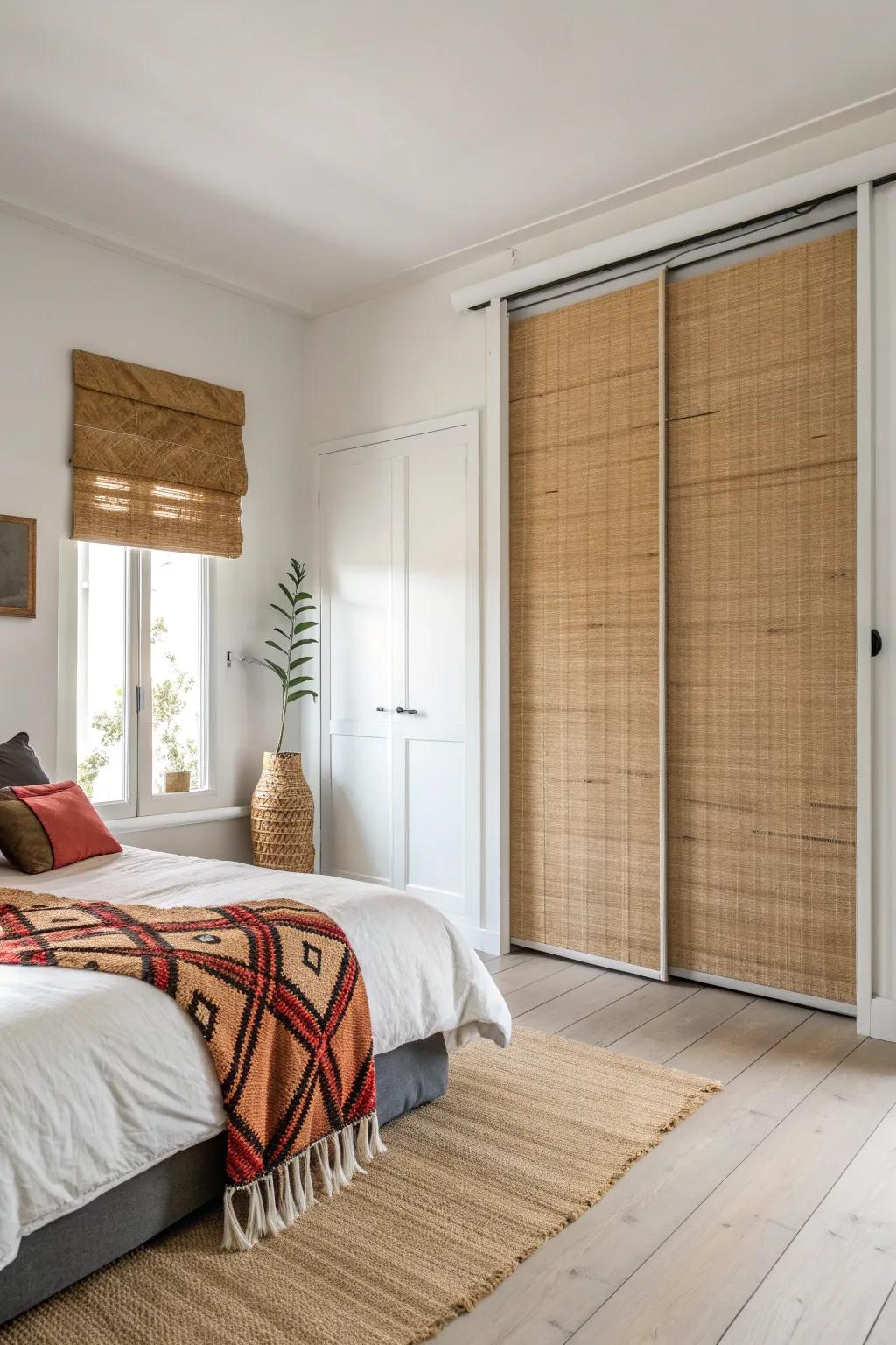 Effortlessly chic: Wind-up shades blend minimalism with boho elegance, perfect for doorless closets.