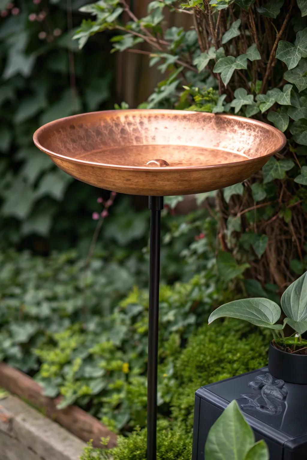 Elevate your garden through this minimalist copper birdbath: wherein unpretentious elegance converges with indigenous allure.