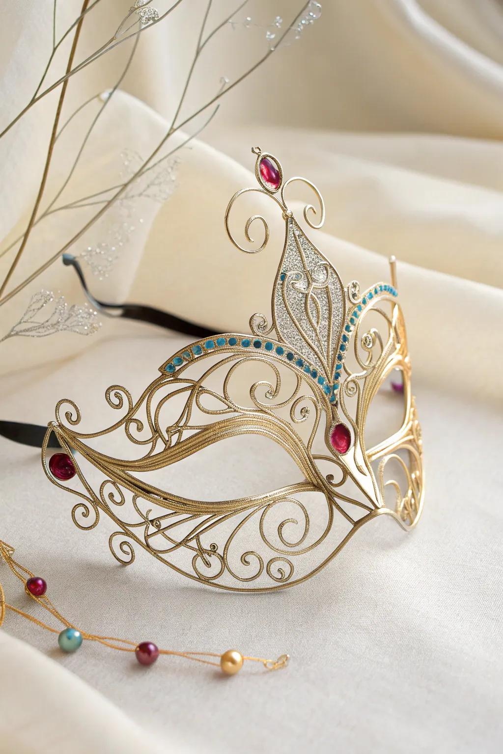 Embrace the enchantment of artistry with a whimsical filigree mask that whispers tales of magic.