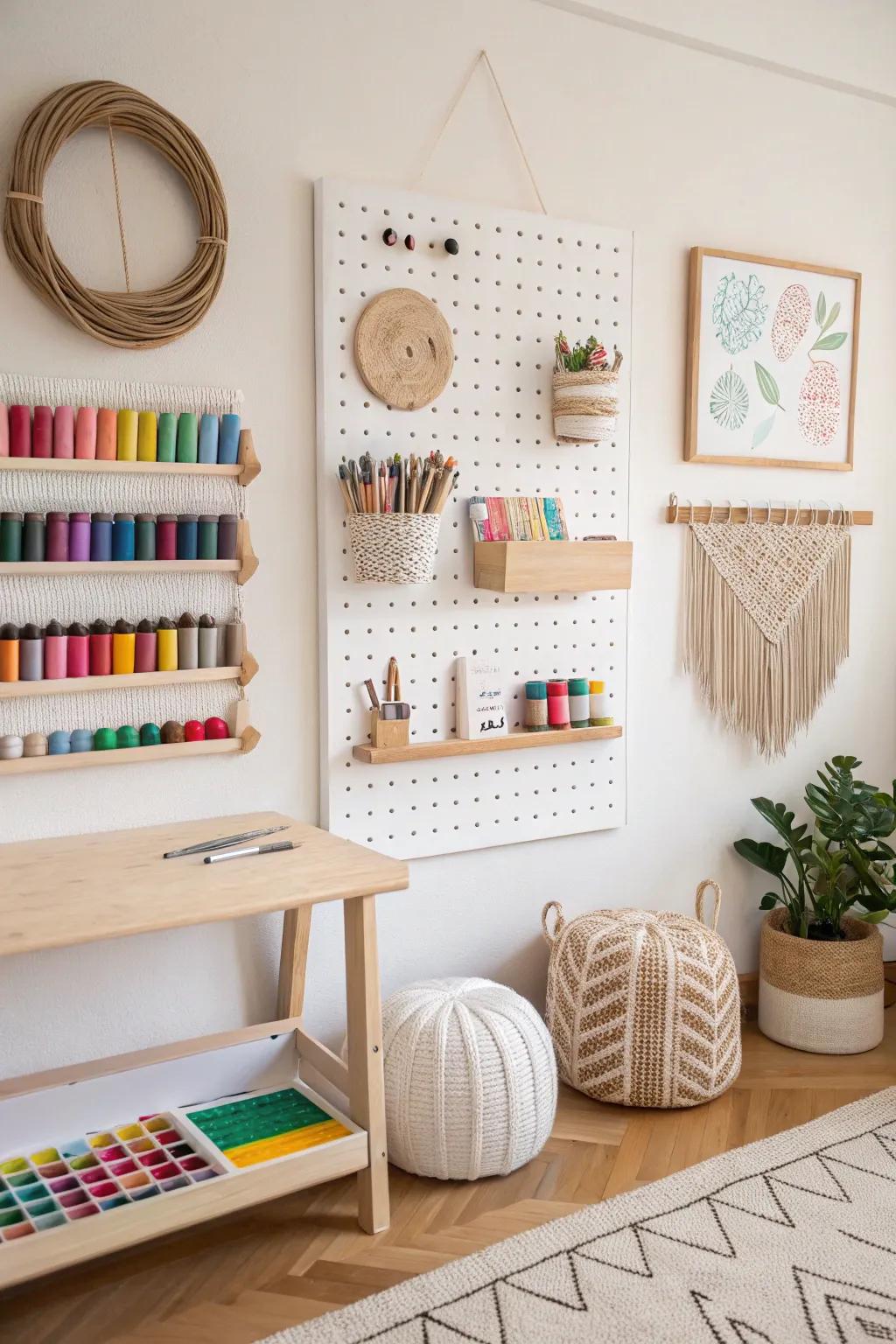 Transform your kids' inventiveness corner with a fashionable pegboard wall—where arrangement aligns with Scandinavian elegance.