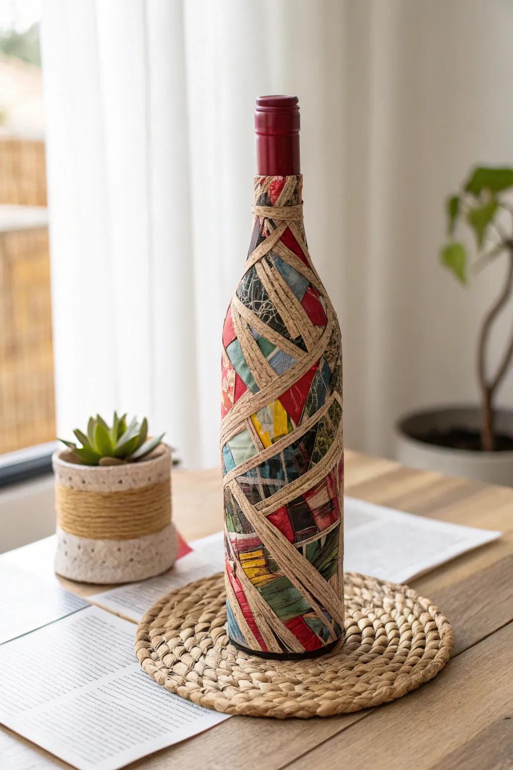 Elevate your gifting through eco-friendly beauty: A wine bottle enclosed in lively periodical pages for a unique, handcrafted element.