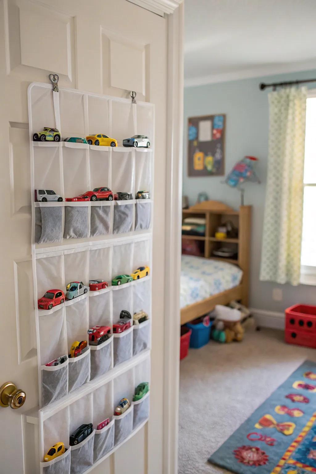Over-the-door organizers maximize vertical area.