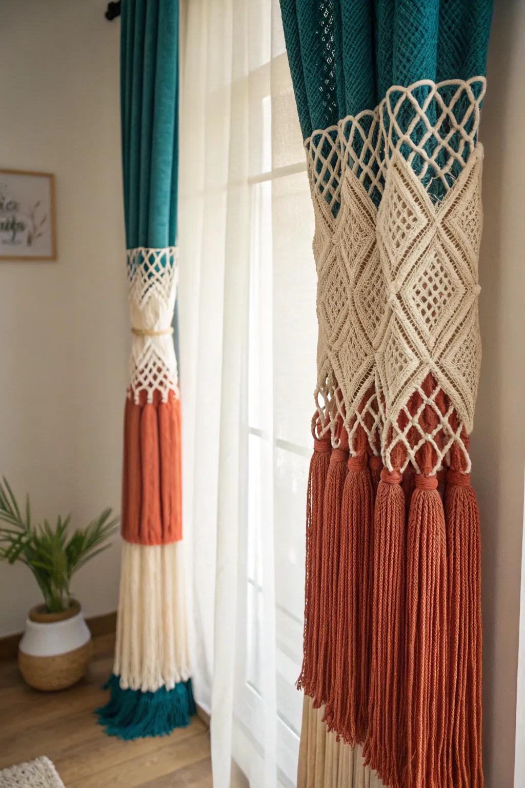 Elevate your space with the bold beauty of hue-blocked macrame window coverings, where craftsmanship aligns with striking simplicity.