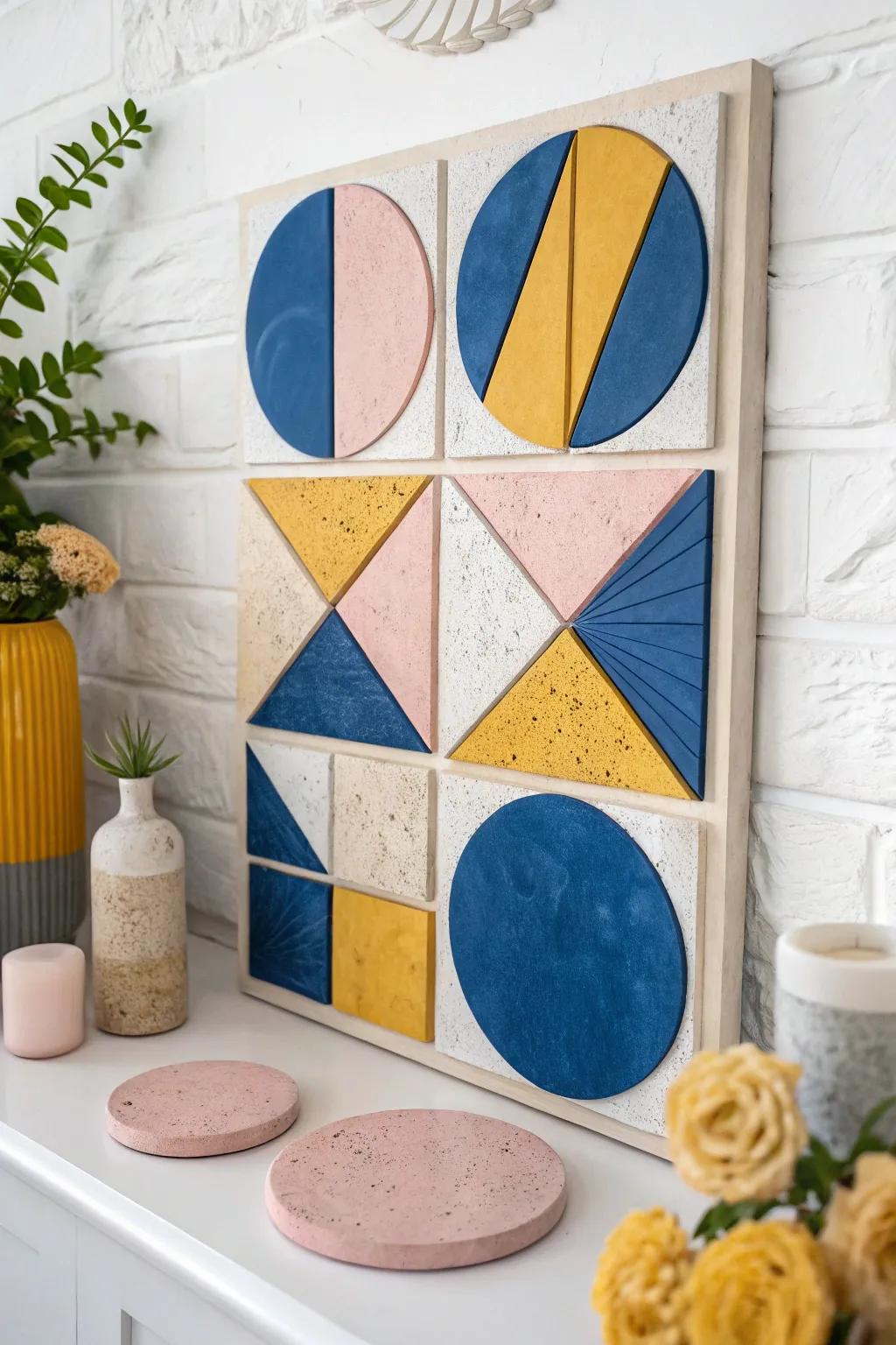 Venture into the realm of geometric elegance with this striking mixed media masterpiece.