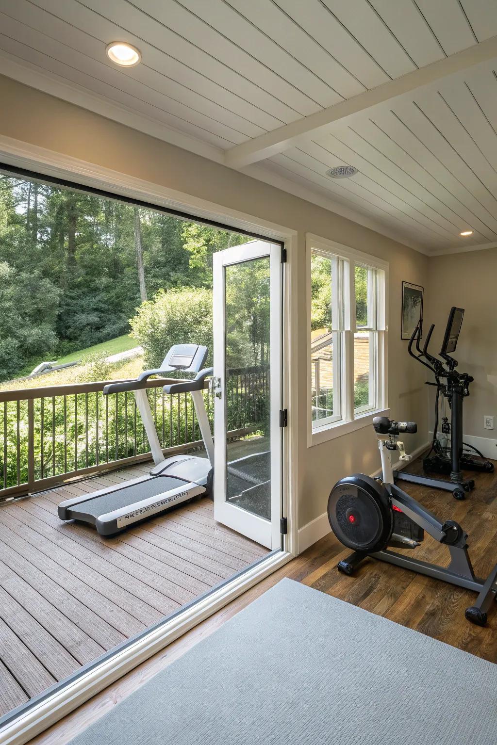 Incorporating outdoor features brings nature into your office gym.