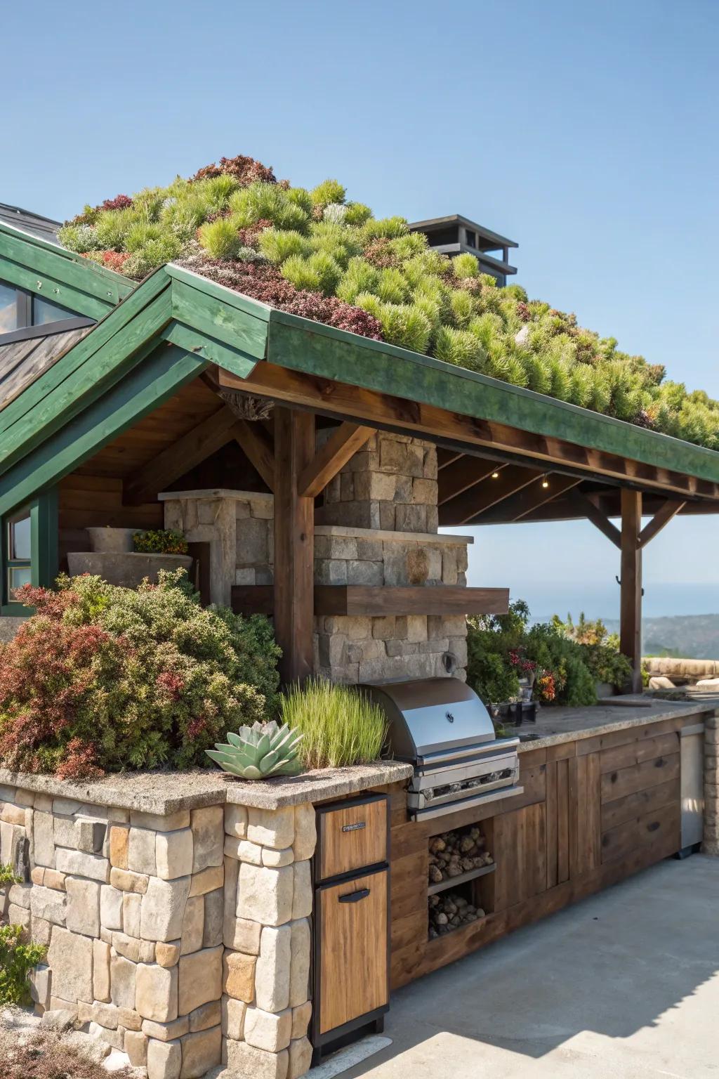 Enhance your outdoor cooking space with a spectacular, low-maintenance succulent green roof.