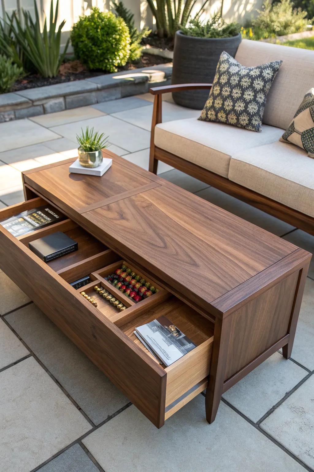 Find the beauty of concealed function with this handmade exterior coffee table, designed for the discerning eye.