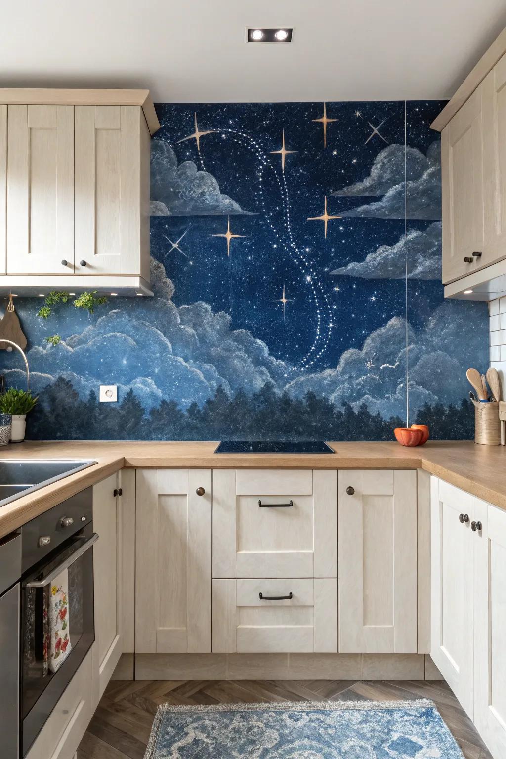 Revamp your culinary space via the captivating splendor of a heavenly nocturnal sky backsplash, where artistry encounters cosmic elegance.