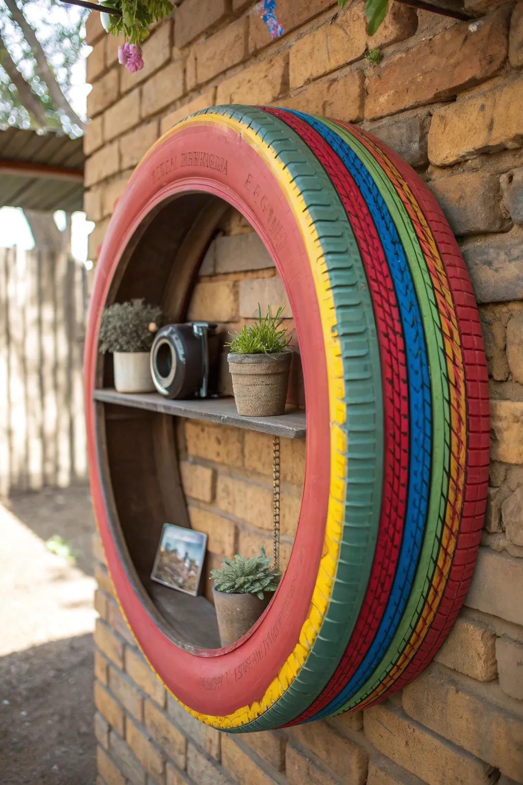 Elevate your decor with a splash of color and creativity: Funky Tire Shelving that turns upcycled art into functional beauty.