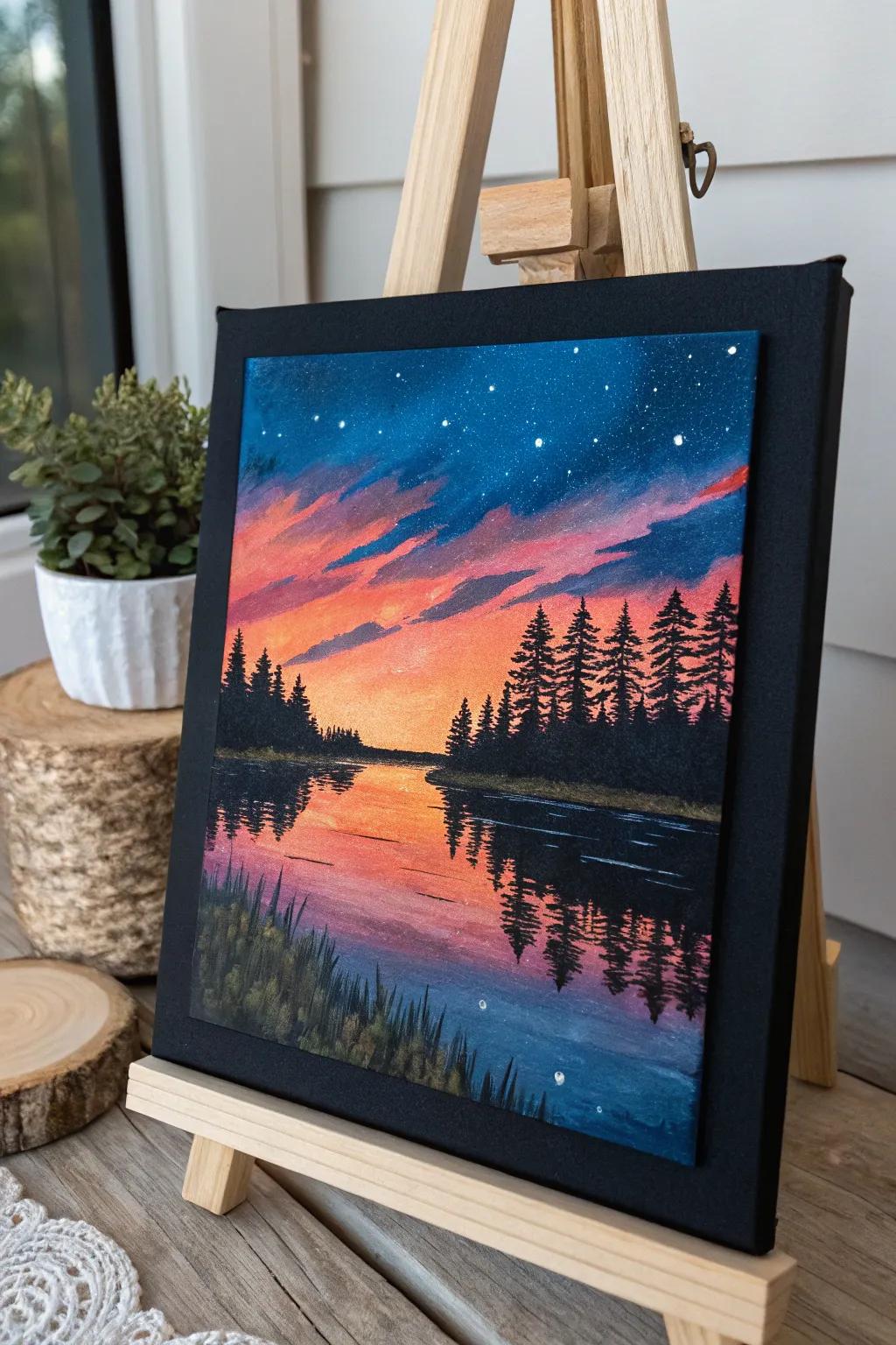 Plunge into serenity through reflective waters depicted upon a black canvas, where minimalist splendor converges with audacious shades.