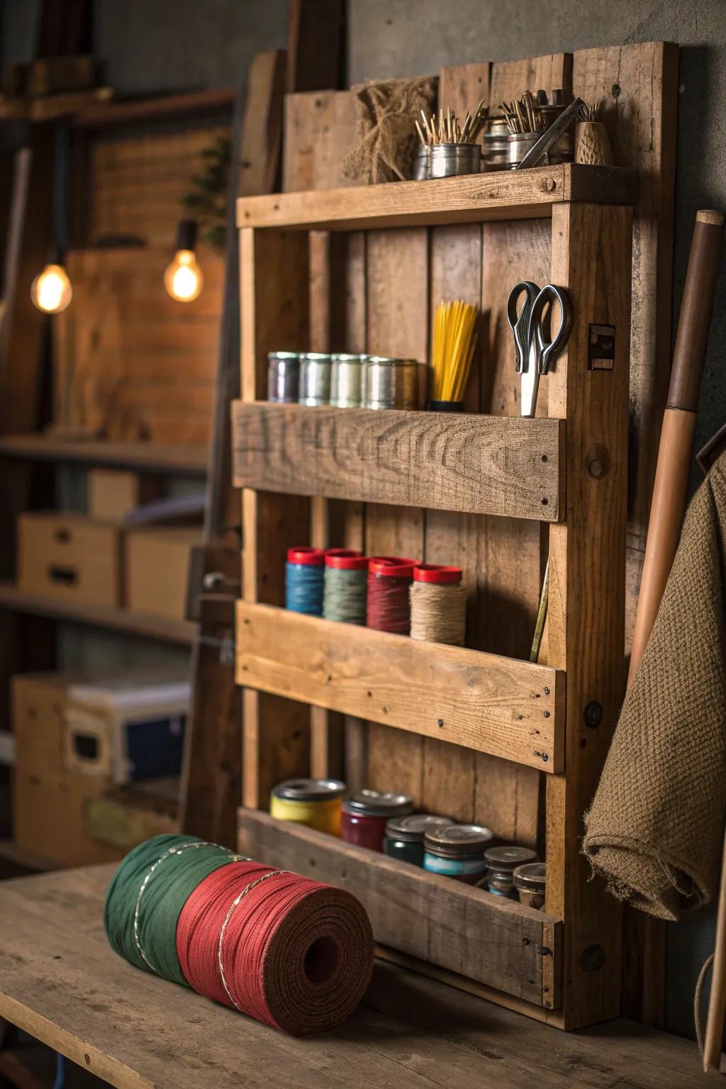 Organize your creative pandemonium with a bespoke pallet rack—where rustic charm meets practical elegance.
