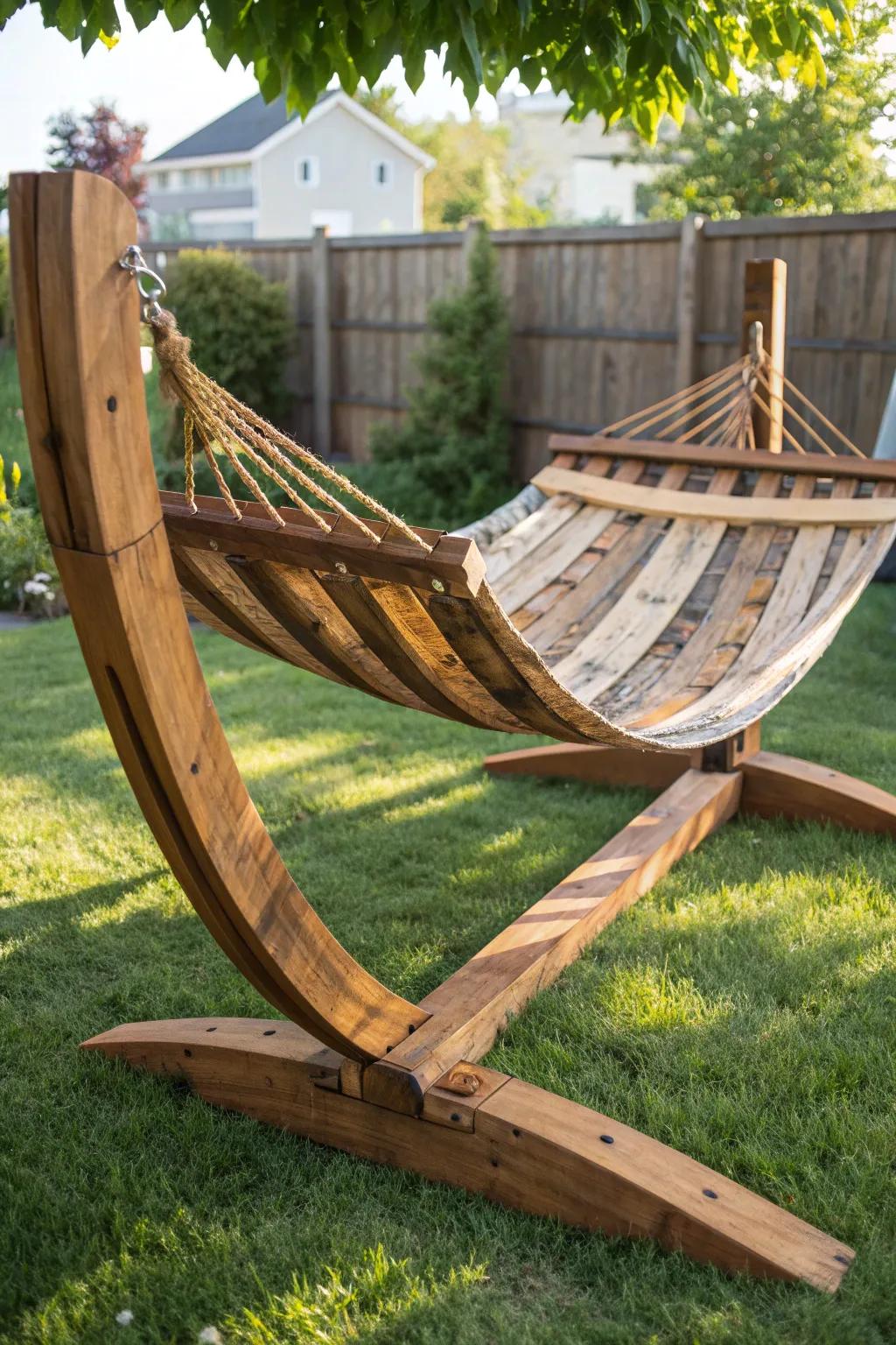 Unwind in style with this bespoke pallet hammock support, a seamless fusion of functionality and rustic allure.