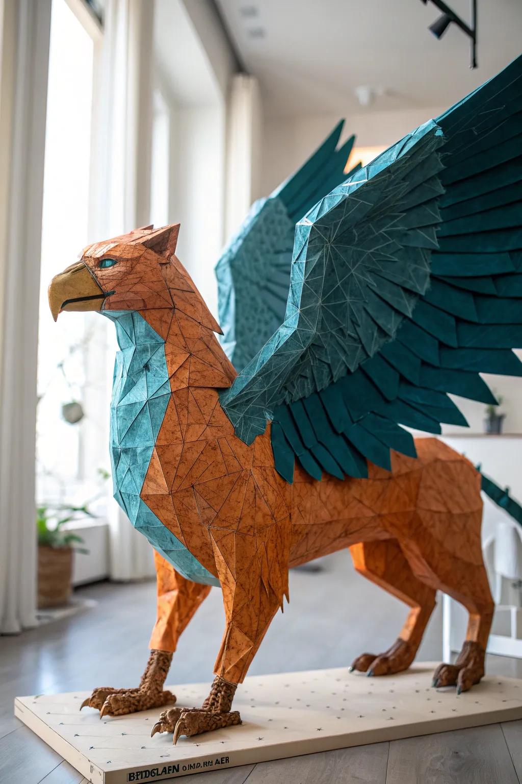 Embrace the enchantment of artisanship with this breathtaking paper mache griffin, where fantasy converges with verity.