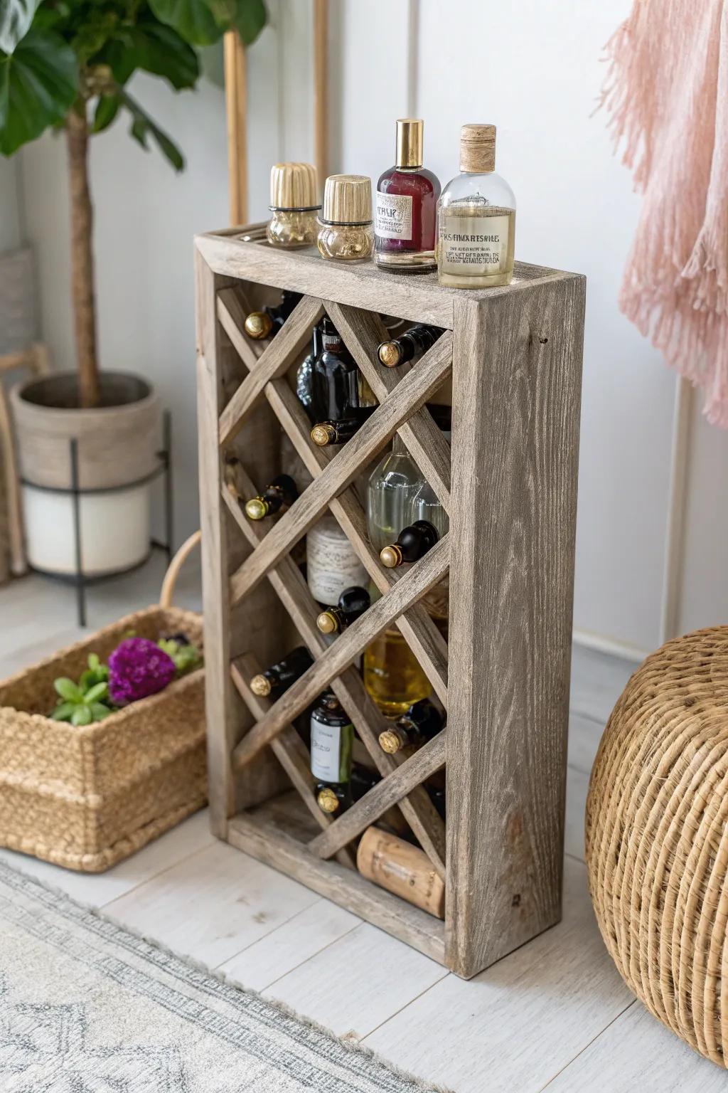 Transform rustic charm into a chic perfume haven with a repurposed spirit stand!