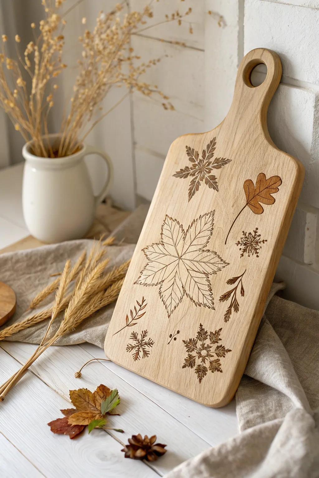 Embrace the beauty of the seasons with this exquisitely inscribed slicing board, perfect for adding a touch of nature to your kitchen.