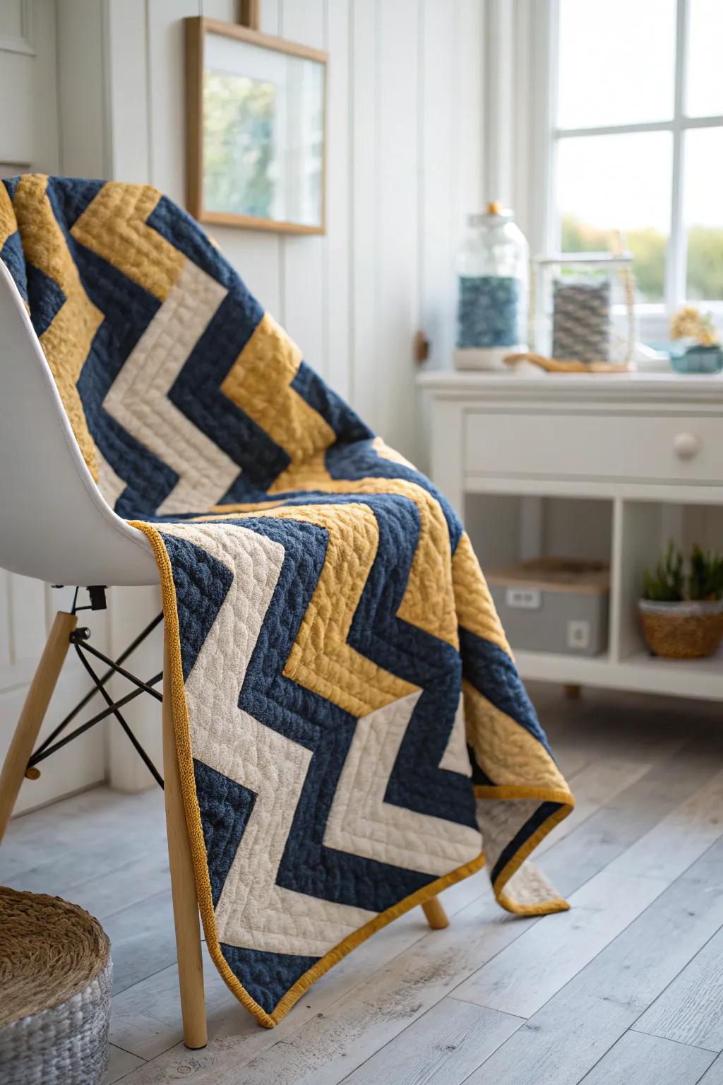 Introduce a dash of zigzag zeal into your quilt incorporating bold hues and striking contrasts.