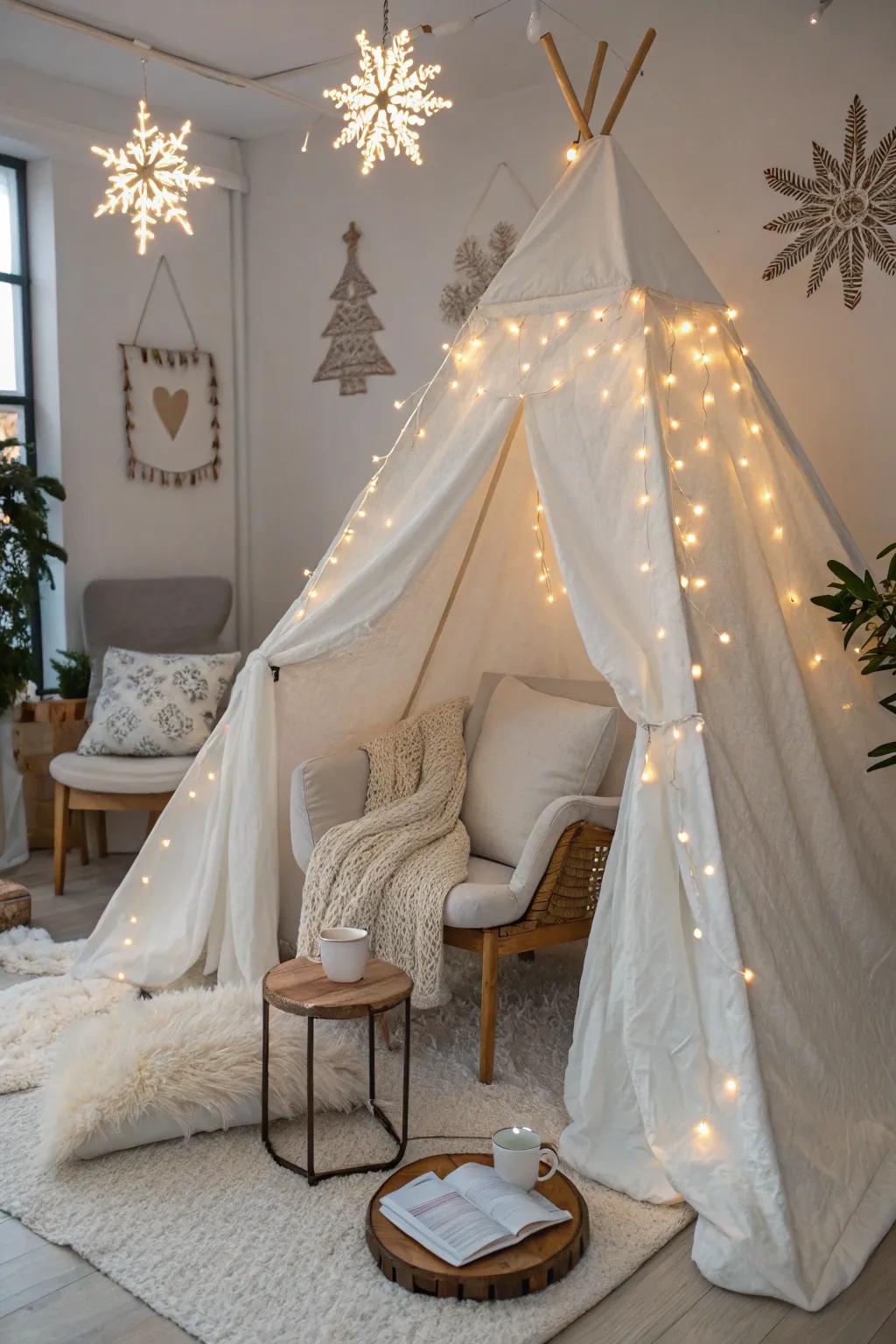 Plunge into a Glacial Wonderland: Settle in with a comforting cup of cocoa within a breathtakingly understated pillow fort paradise.