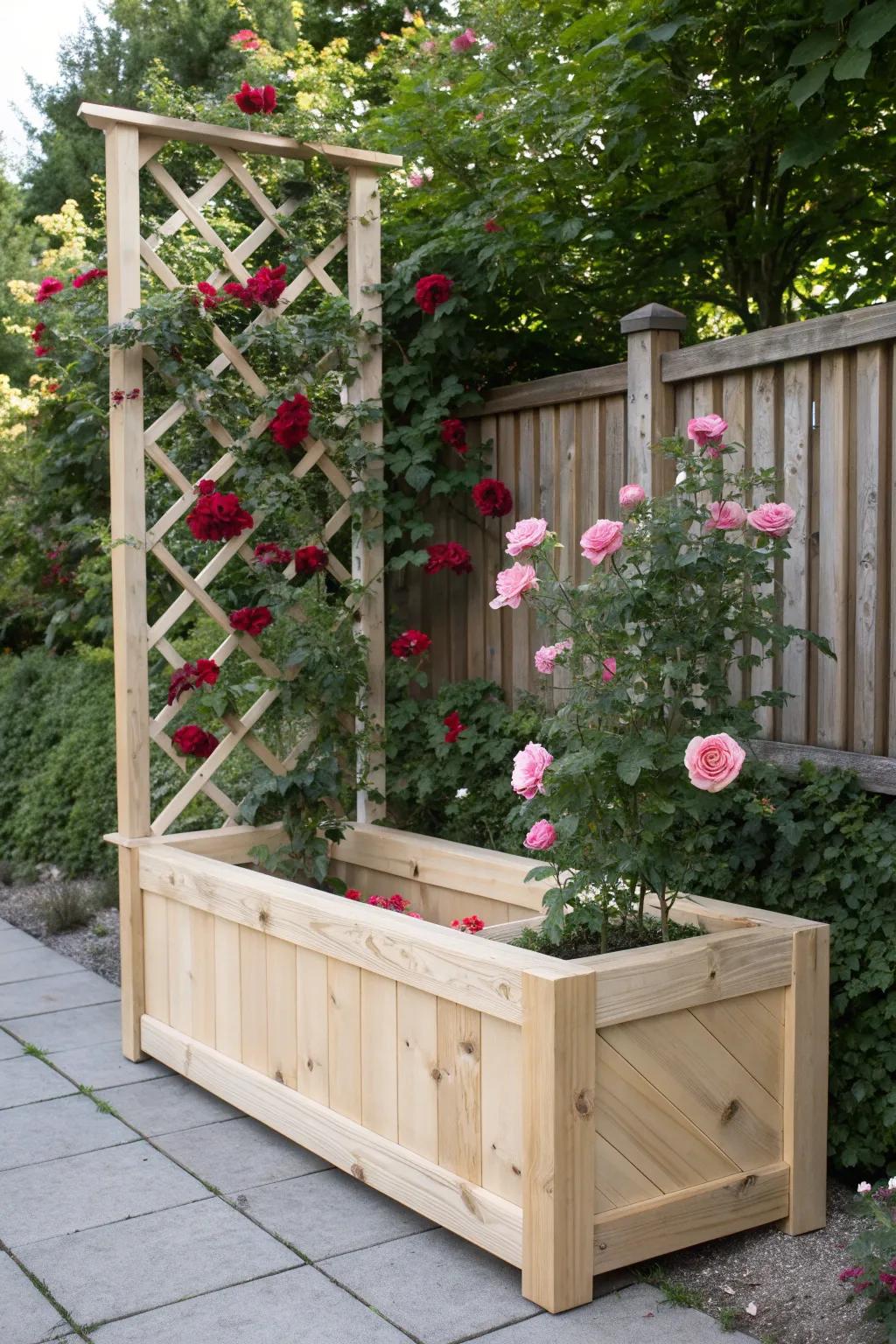 Elevate your garden with trellis-backed planters, perfect for climbing roses and a touch of natural elegance.