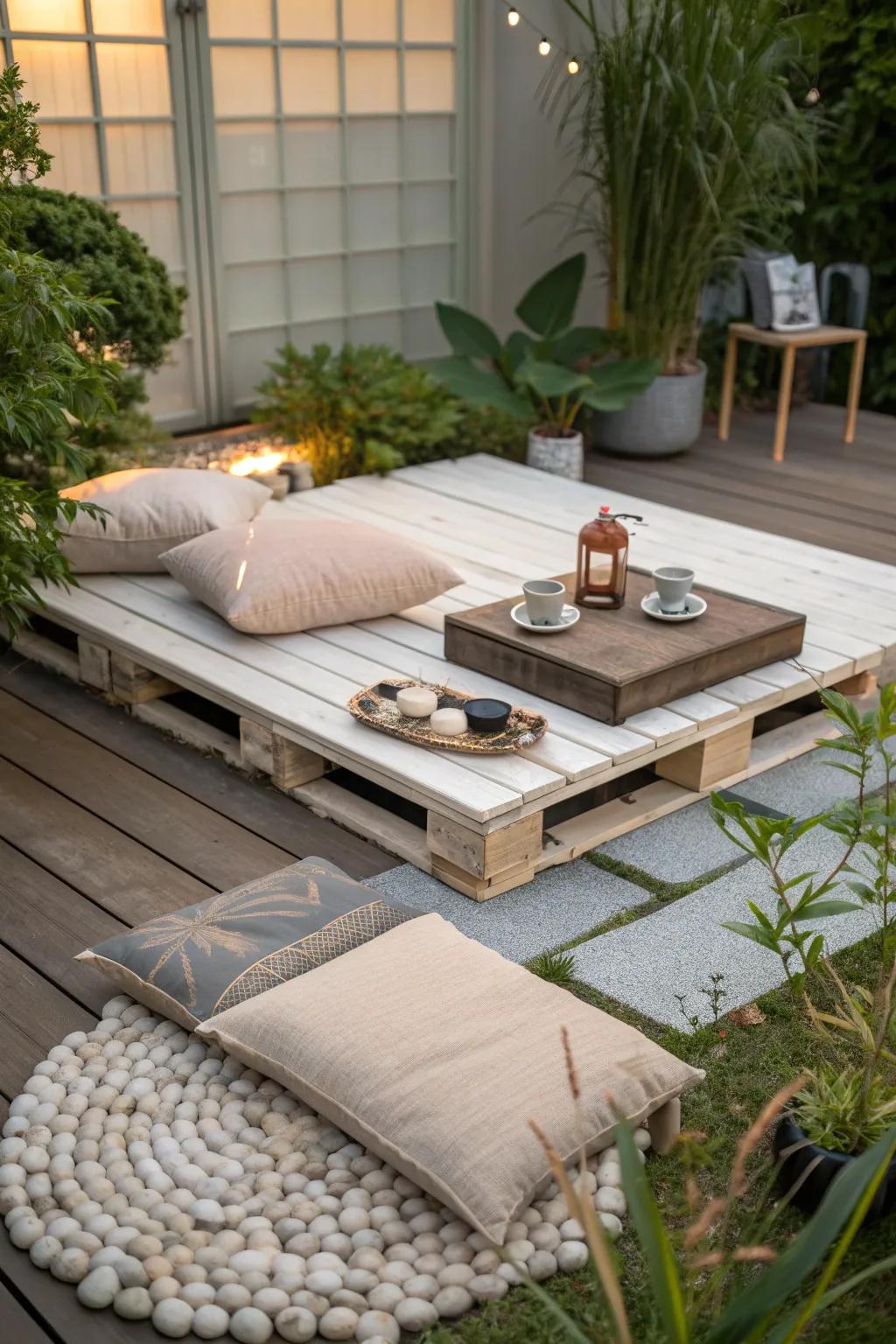 Transform your outdoor space into a tranquil retreat with a zen garden patio made from stylish recycled skids.