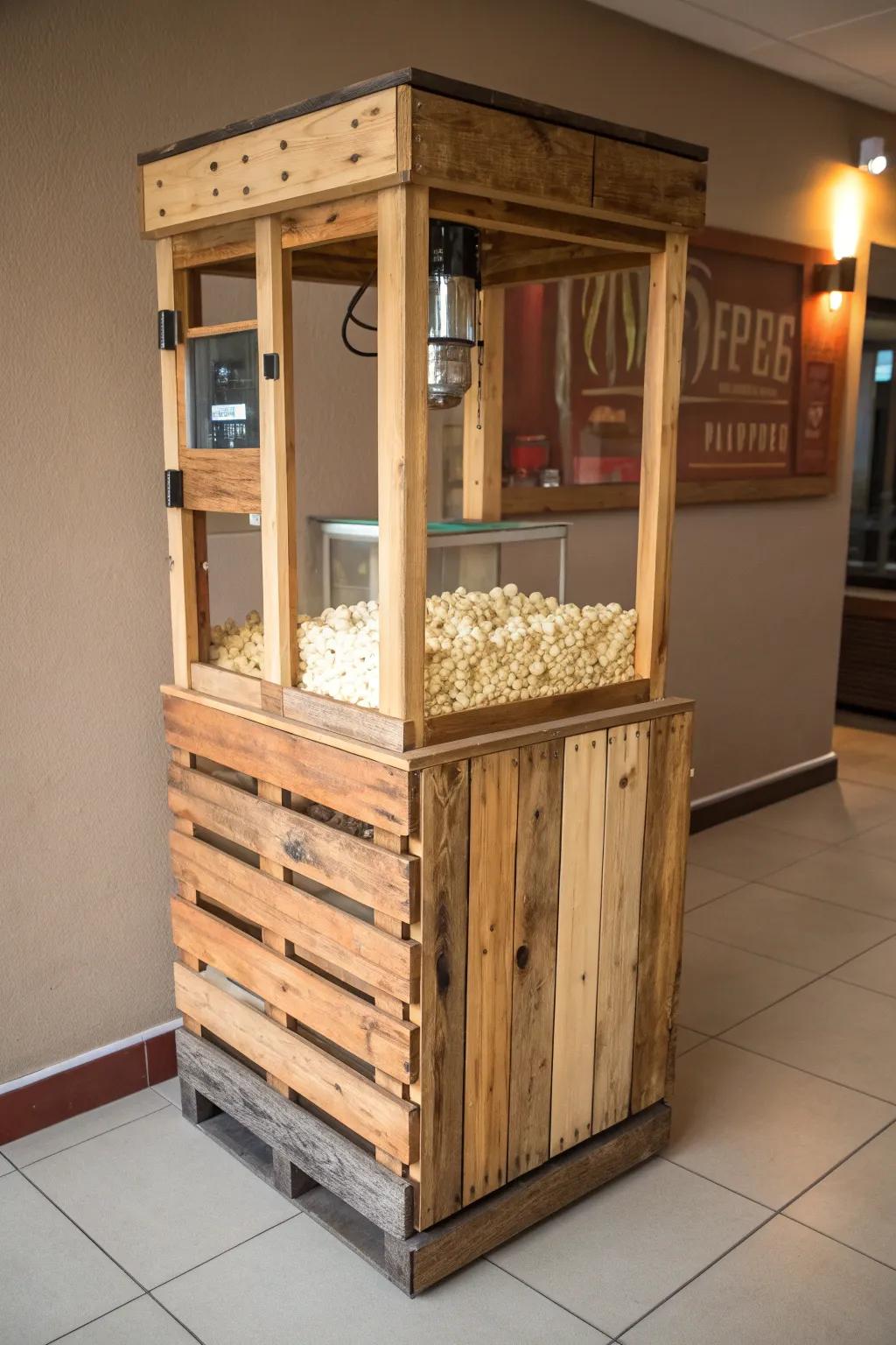 Enhance your popcorn venture with this eco-conscious pallet platform, where rustic allure encounters sustainable blueprint.