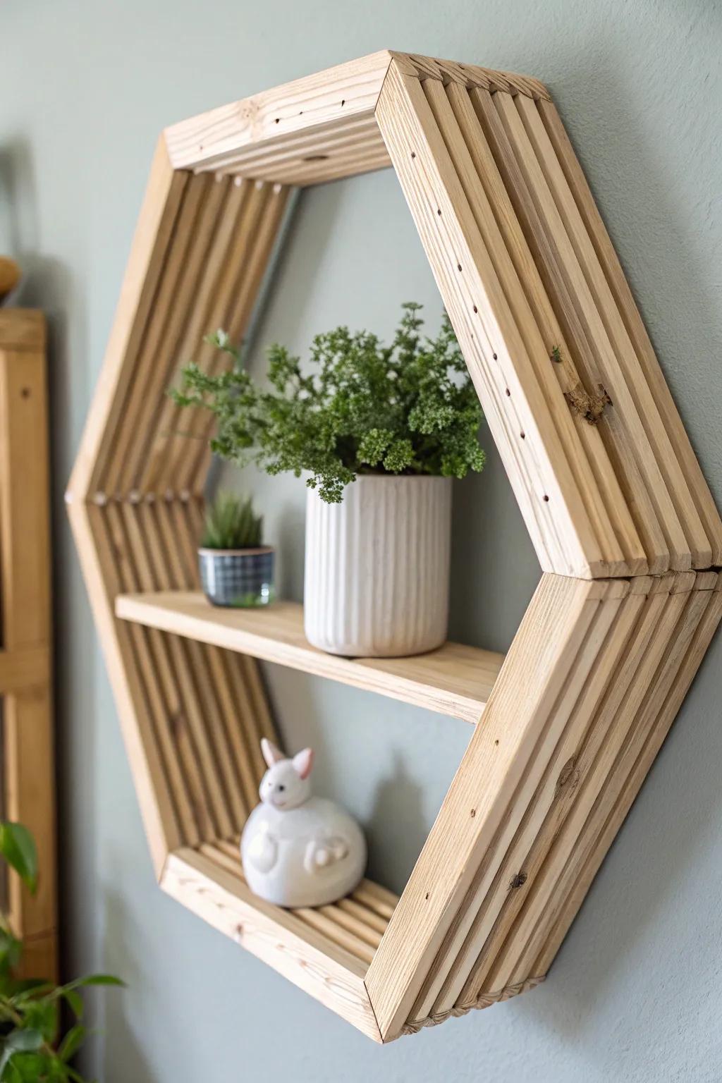 Enhance your area with refined and eco-conscious hexagon wall racks fashioned from popsicle sticks. Outstanding for exhibiting your treasured petite decor!