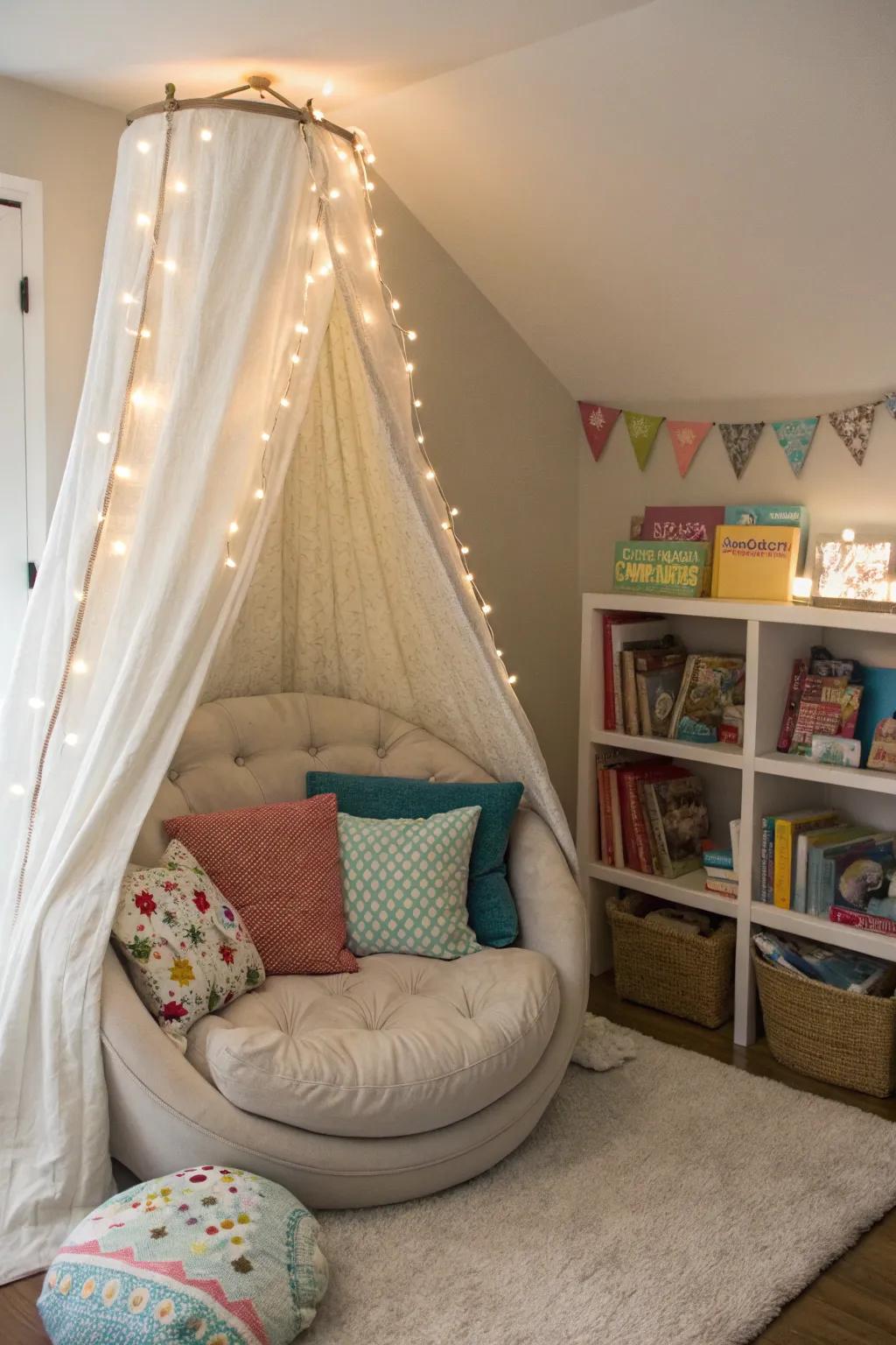 A royal storytime nook perfect for storytime and repose.