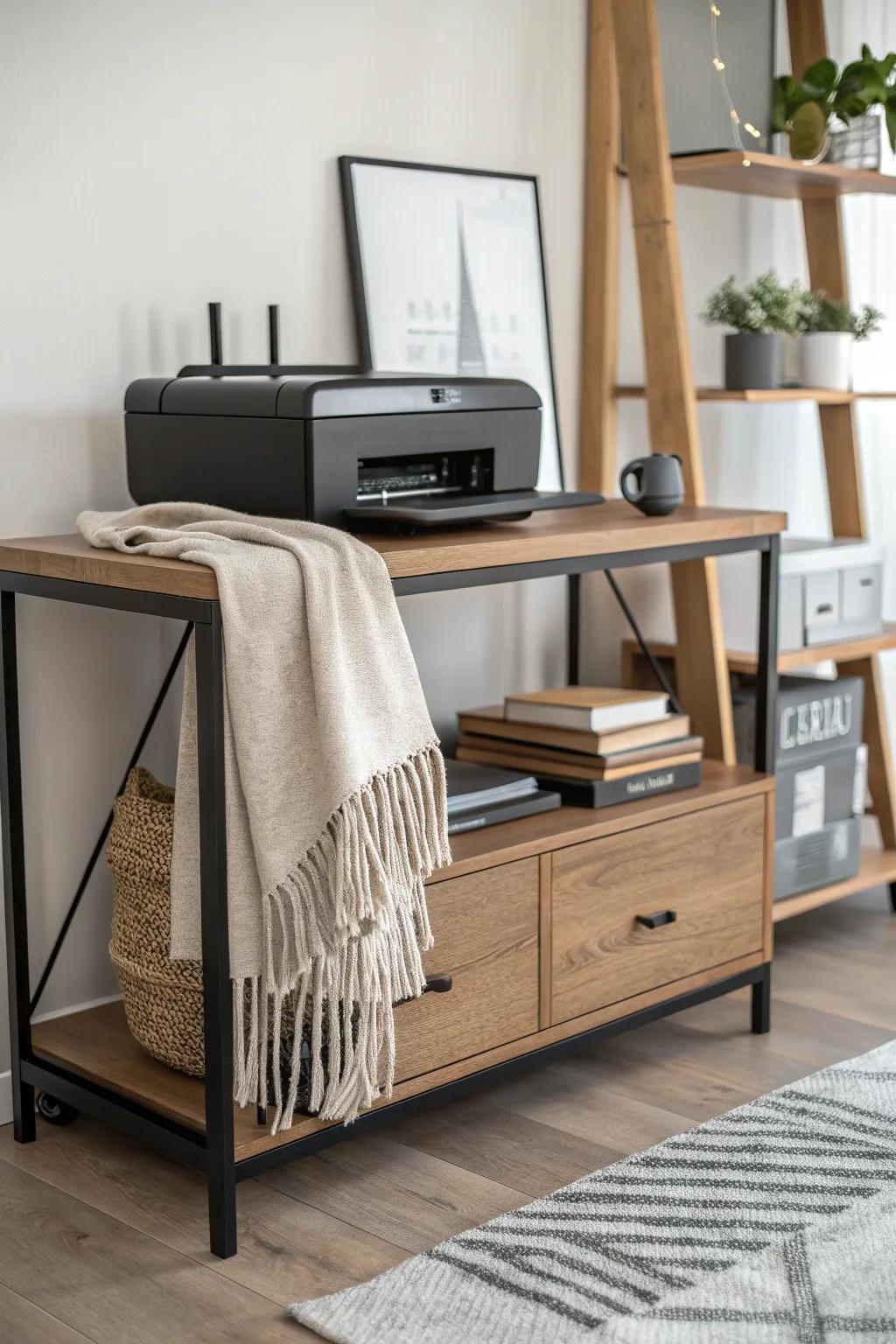 Elevate your workspace with a chic, mixed-material printer stand that marries style and function seamlessly.