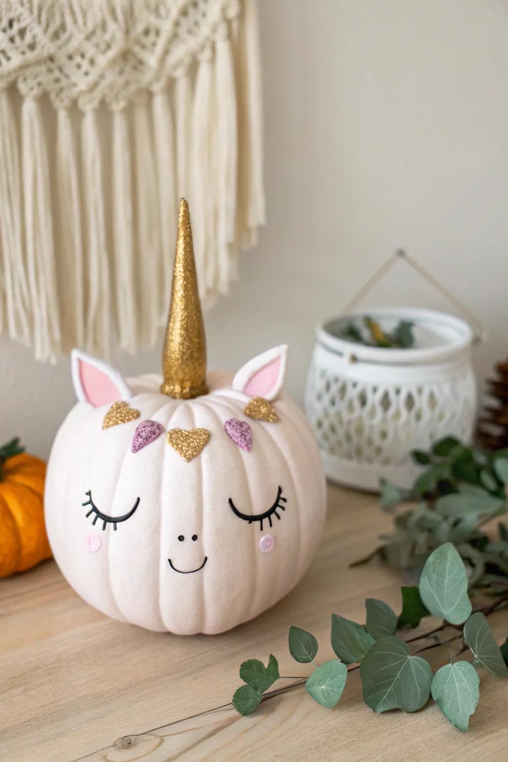 Magical Minimalism: Embrace the enchanting elegance of a unicorn pumpkin this season.