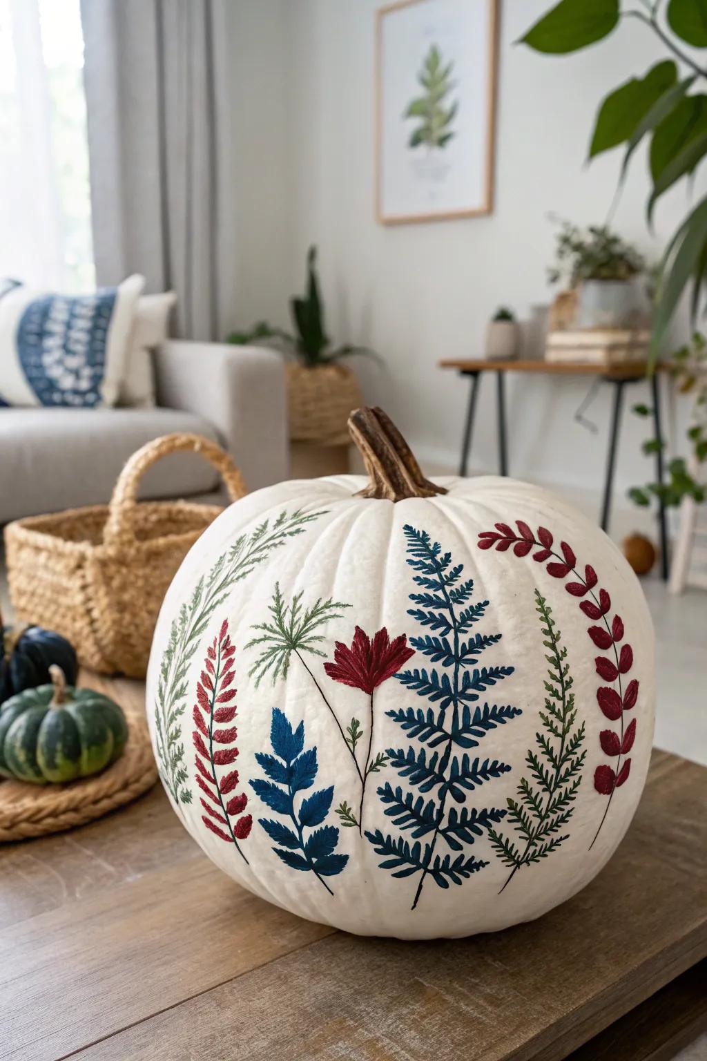 Enhance your autumnal decorating using striking herbarium impressions on pumpkins. Embrace the beauty of simplicity and naturalness.