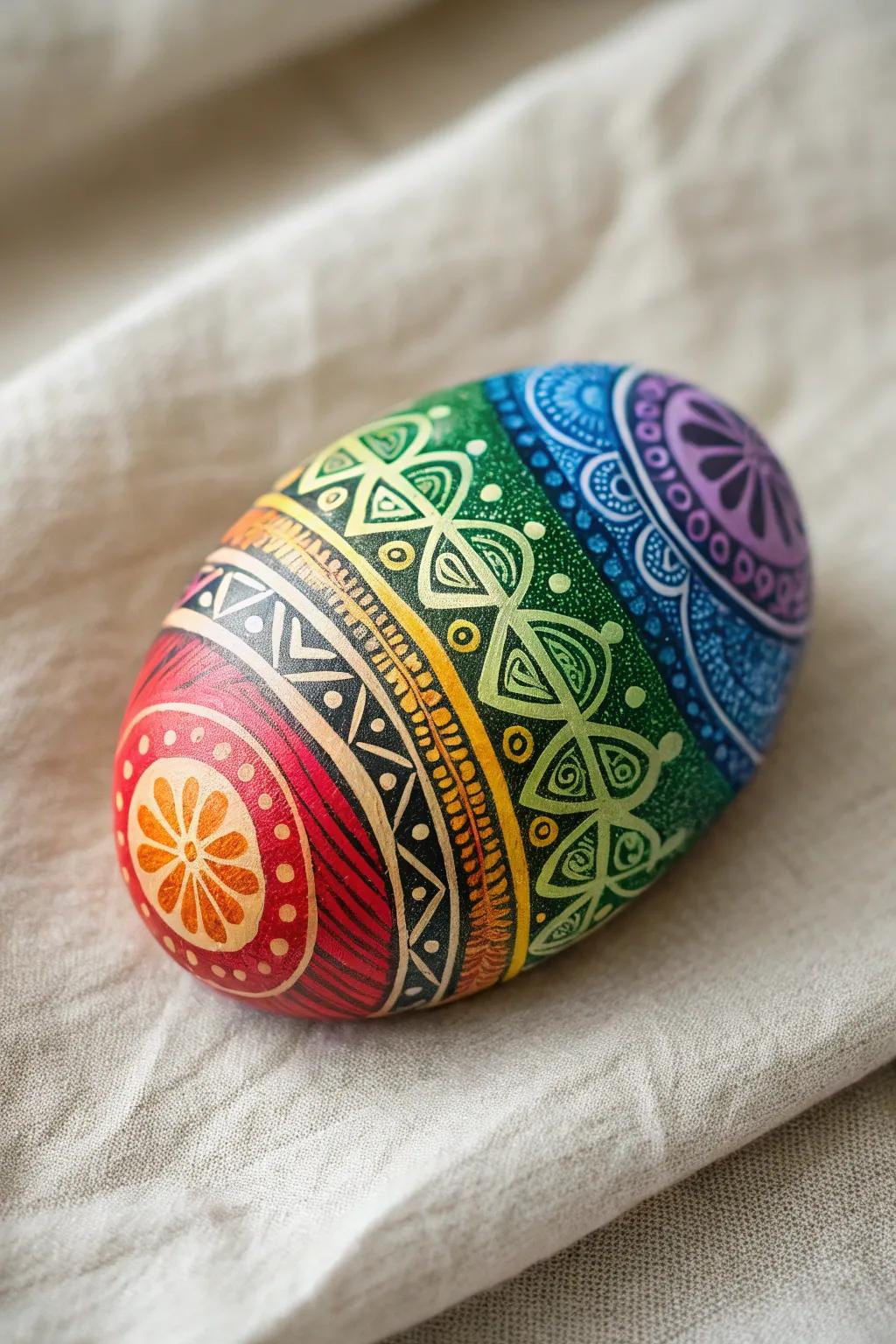 Discover the beauty of tradition with a splash of color: Rainbow Tribal Patterns on a painted rock.