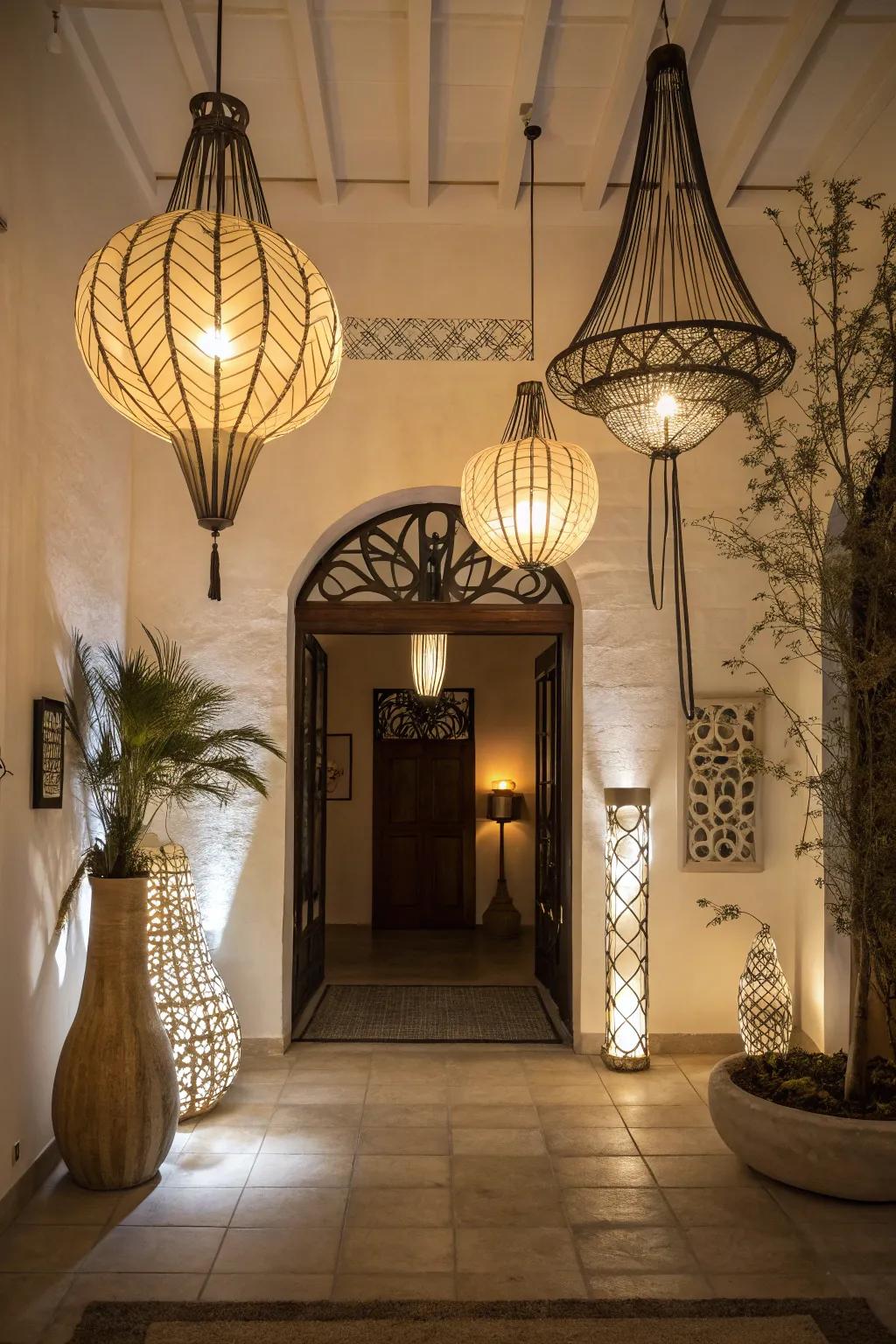 Unique illumination fixtures function as a focal attribute, amplifying intrigue within the entryway.